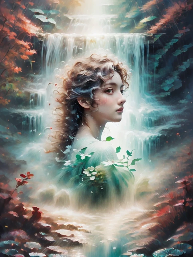 Fancy elegant botanical rose floral maximalism with a wave of fresh flowers garden flowers flowing floating in soft mist pink, water, Masio Damascus, Massive smoke and realistic flower fractals, octane rendering, josephine wall art, Isabel Menin, Jean, Amy Brown