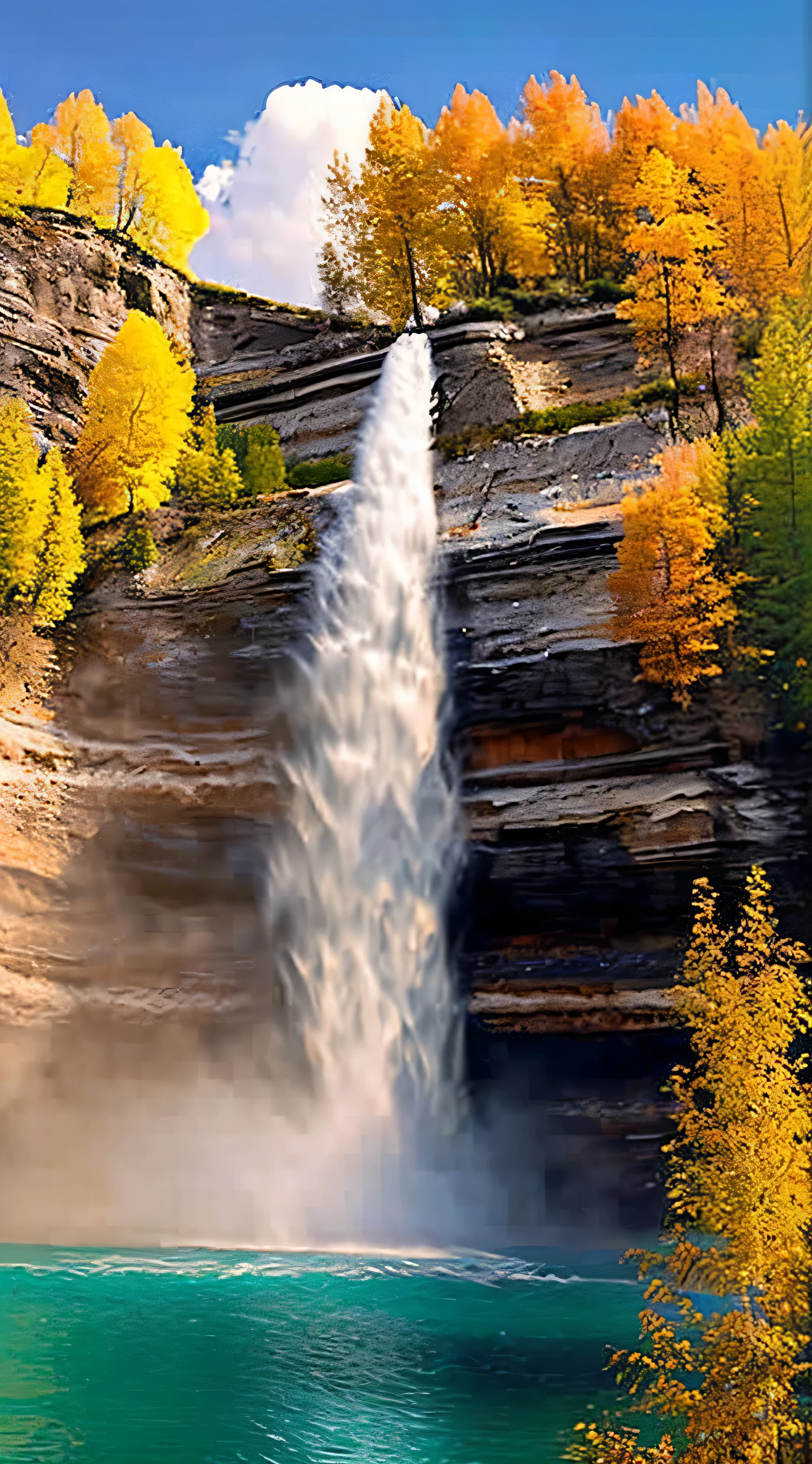 (realistic, bright colors, ultra-detailed, masterpiece, HDR, high detail) light waterfall (bridal veil) in a desert, cliff, nature, lake, river, autumn, lagoon, landscape.