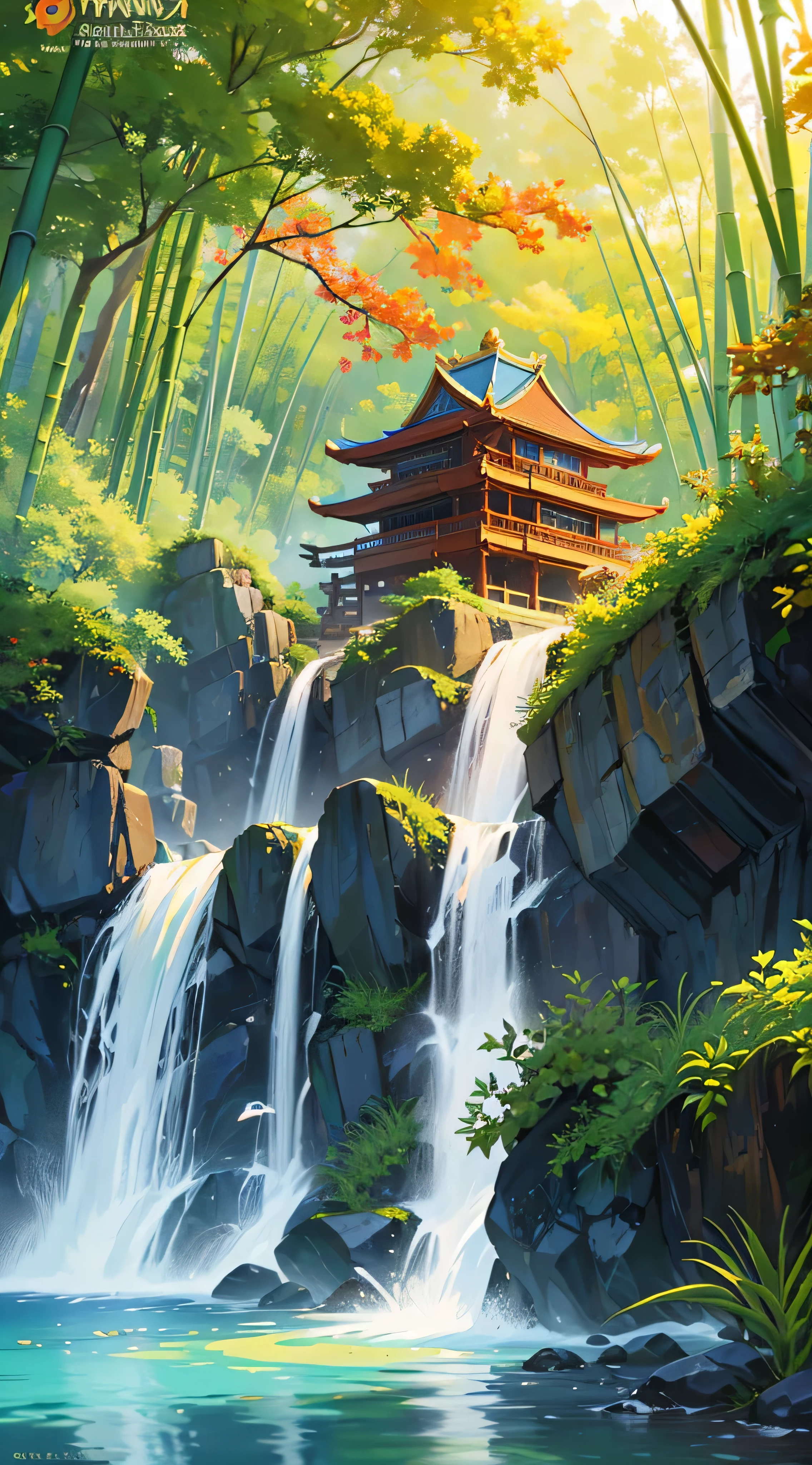 (realistic, bright colors, ultra-detailed, masterpiece) animated waterfall, Wakfu world style, ancient Chinese temple, bamboo, autumn, lagoon, landscape