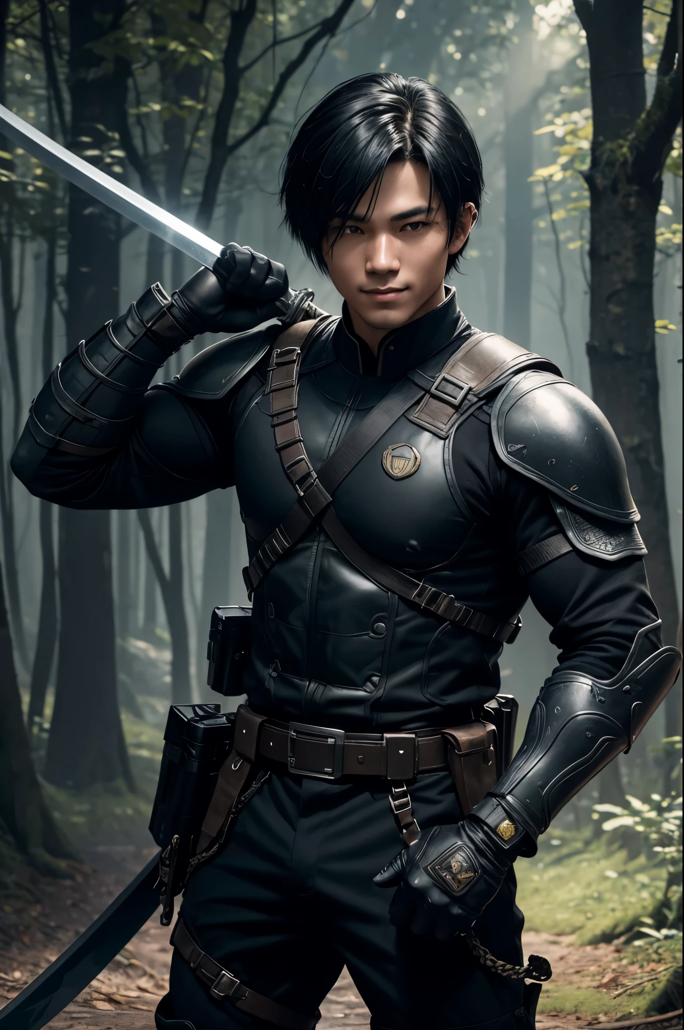 8K,young boy in black combat uniform,super handsome(like the real thing),black combat pants,black eyes,black bob hair,black combat gauntlets,special forces,Holds a long and large Japanese sword,masterpiece,Photorealistic RAW photos of the highest quality。Backlight, cinematic lighting, film grain, to be born, 50mm lens, Nikon D850,super realistic skin,fantasy art,character art,ultra high resolution,Macho with a muscular slender body,perfect hands,cool smile,Super beautiful teenager,kind eyes,in the dark forest,battle scene,fighting pose,dynamic action pose,Throwing a medium-sized large Japanese sword,