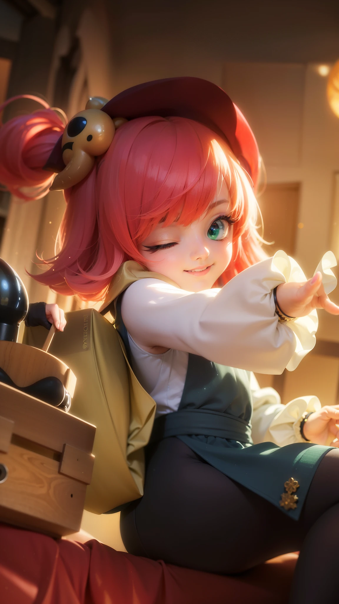 (8k, RAW photo, photorealistic:1.25) ,( lipgloss, eyelashes, gloss-face, glossy skin, best quality, ultra highres, depth of field, chromatic aberration, caustics, Broad lighting, natural shading, looking at viewer with a serene and goddess-like happiness, change from mobile legend game, black hair, red eyes, green ribbon, green kimono outfit, dynamic pose, outer space, relisem, 4k, hd, 1080p, smile.