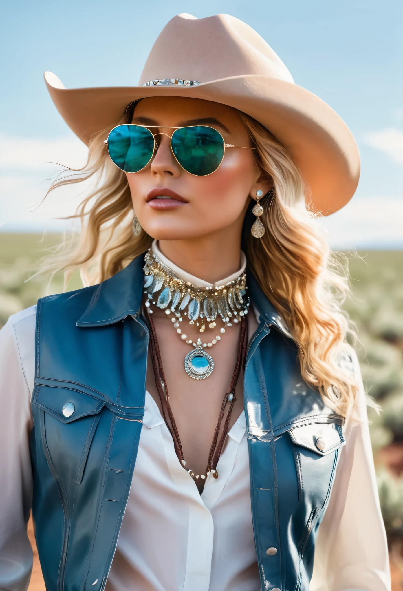 In a captivating display of contemporary western glamour, the cowgirl of the new age stands before us. Her hair, a striking aqua blue, flows with a life of its own, a stark contrast to the golden tresses traditionally sported by women of the wild west. It's a bold statement, a modern twist on the cowgirl persona, echoing the vibrant skies over open fields. Perched on her nose, round sunglasses with reflective lenses capture the vastness of the prairie sky, while their frames sparkle with rhinestone studs, reminiscent of a clear, starlit night out on the range. Her lips are tinted with the soft pink of a desert rose, a gentle nod to the natural beauty that flourishes in the heart of the rugged wilderness. Her attire is a dazzling reinterpretation of the cowgirl aesthetic; a bikini top adorned with shimmering pearls stands in place of a fringed leather vest, each bead catching the sunlight like droplets of morning dew on sagebrush. The choker around her neck, also studded with pearls, adds an element of sophistication, replacing the traditional neckerchief with its delicate embrace. She is the embodiment of a modern cowgirl legend, a blend of the classic and the avant-garde, an icon of fearless style on the new frontier. Her pose is confident, her style impeccable, and her essence captures the wild, untamed heart of the west, reimagined for a world where the frontier knows no bounds. --chaos 30 --ar 62:75 --style raw --stylize 300