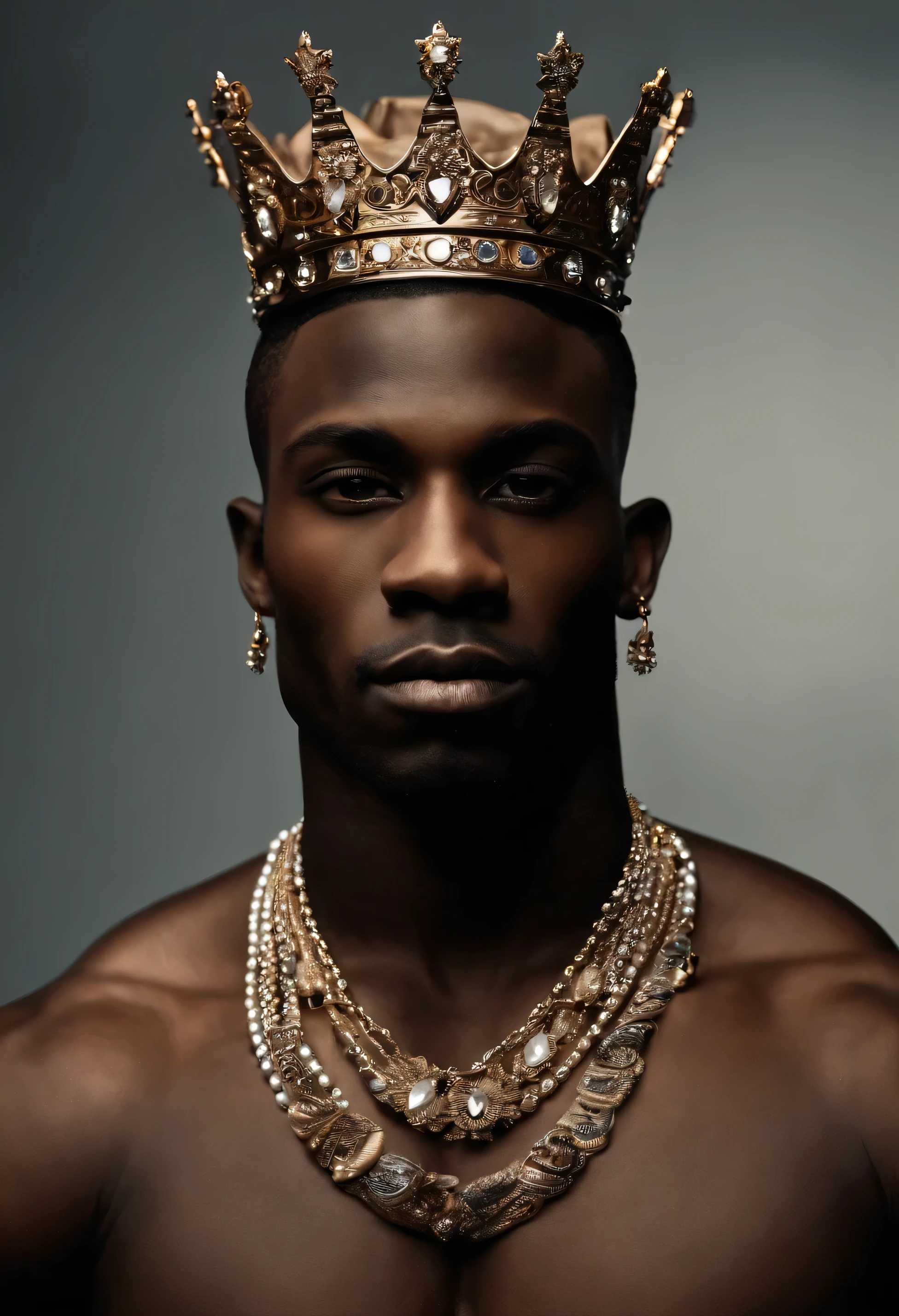 Dark skin man, shorth hair, sitting on a throne wearing a golden crown, dressed in a royal outfit.