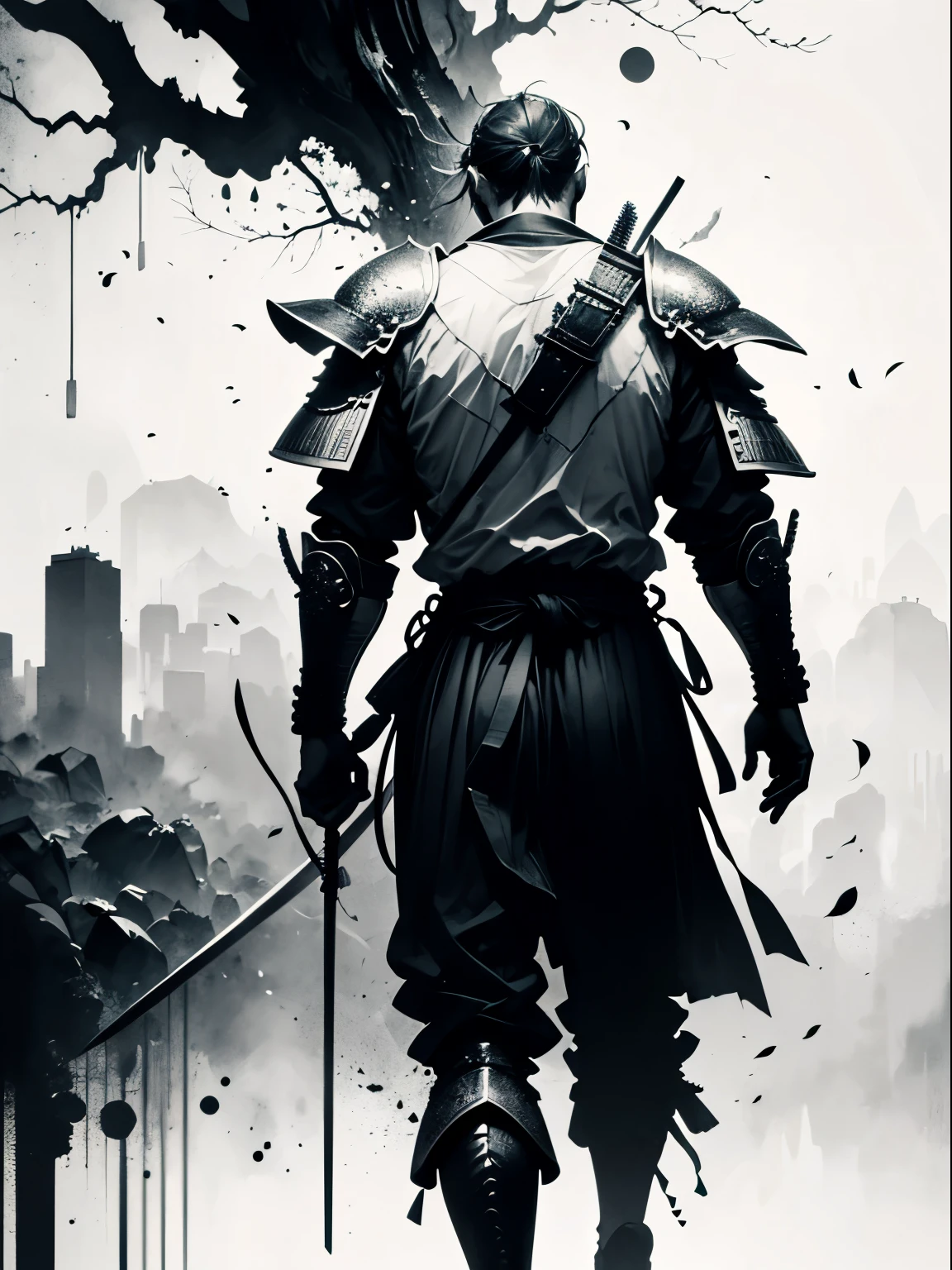 masterpiece of a Samurai on his back with his armor, made by Aase Berg, high contrast color details, black and white, anime style, Japanese theme, hyperdetailed, ultra quality, 4k, intricate, chiaroscuro lighting, white background with one color ink splotches.