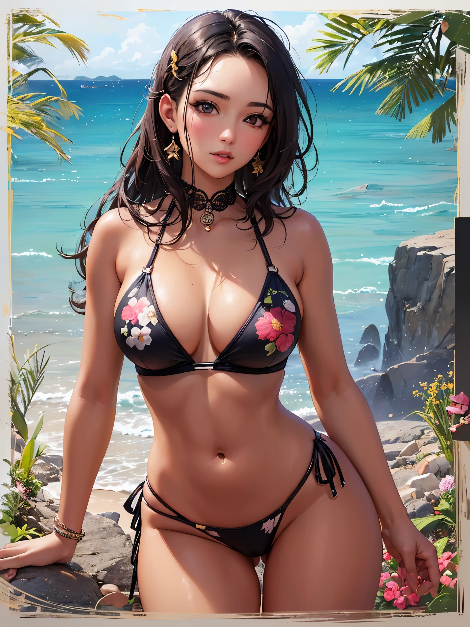 ((highest quality)),(ultra high resolution),(Super detailed),(detailed description),((best CG)),(best work of art),super precision art,amazing drawing art,(Art with precise details:1.5), (woman:1.8),(beautiful and well-shaped face:1.5),(tanned skin:1.5),(Bikini swimsuit with intricately detailed floral pattern:1.4,High leg:1.3),