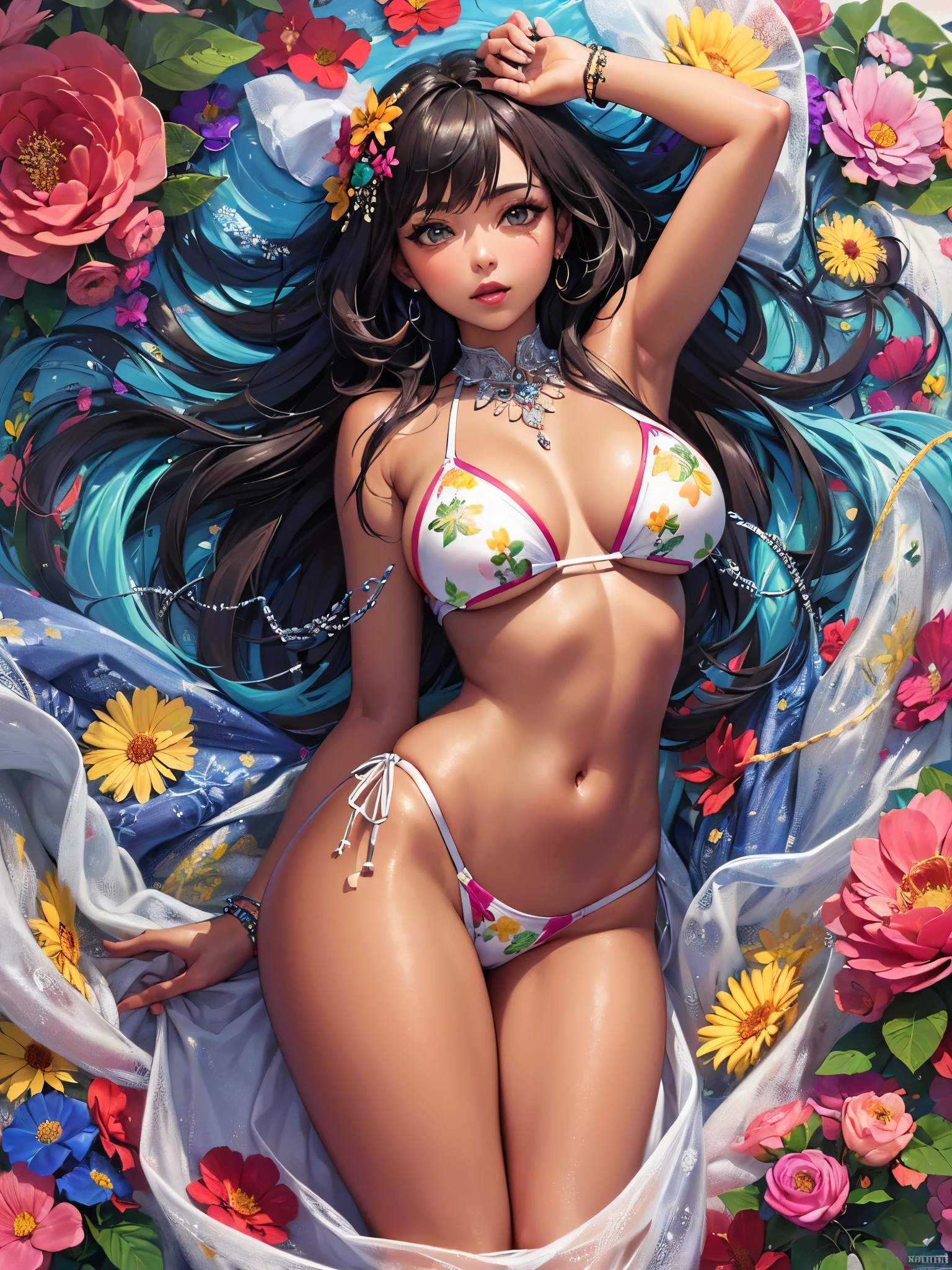 ((highest quality)),(ultra high resolution),(Super detailed),(detailed description),((best CG)),(best work of art),super precision art,amazing drawing art,(Art with precise details:1.5), (woman:1.8),(beautiful and well-shaped face:1.5),(tanned skin:1.5),(Bikini swimsuit with intricately detailed floral pattern:1.4,High leg:1.3),