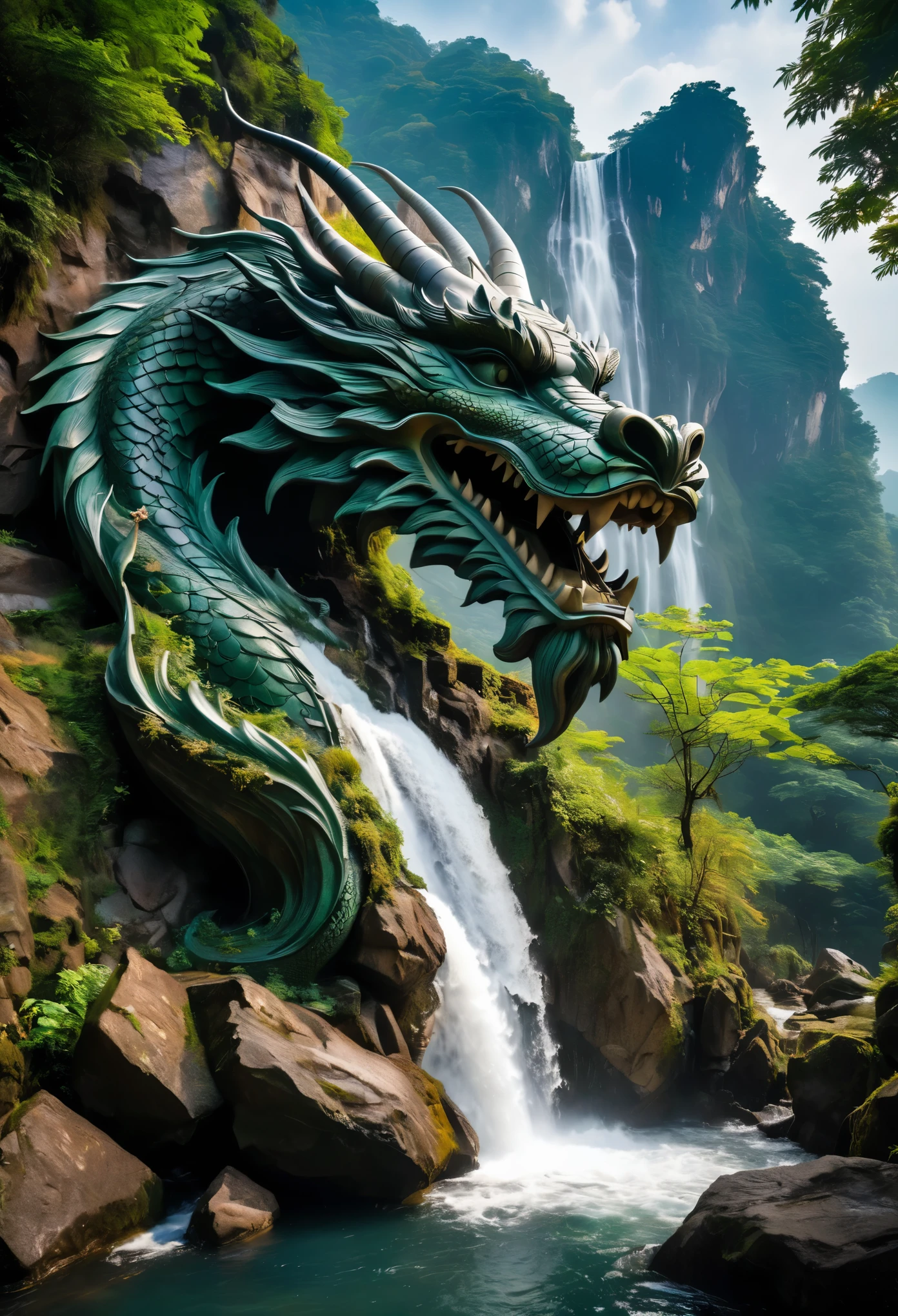 A large stone sculpture of the head of a dragon from whose mouth a river flows out and falls deep into the abyss, a waterfall, a mythical sculpture, a statue, a monument, a lot of detail, a mountainous area, the sculpture of the dragon's head protrudes from the edge of the cliff,  full moon, mystical atmosphere, big waterfall, reflective water, fantasy, beautiful atmoshpere, and background, mythical