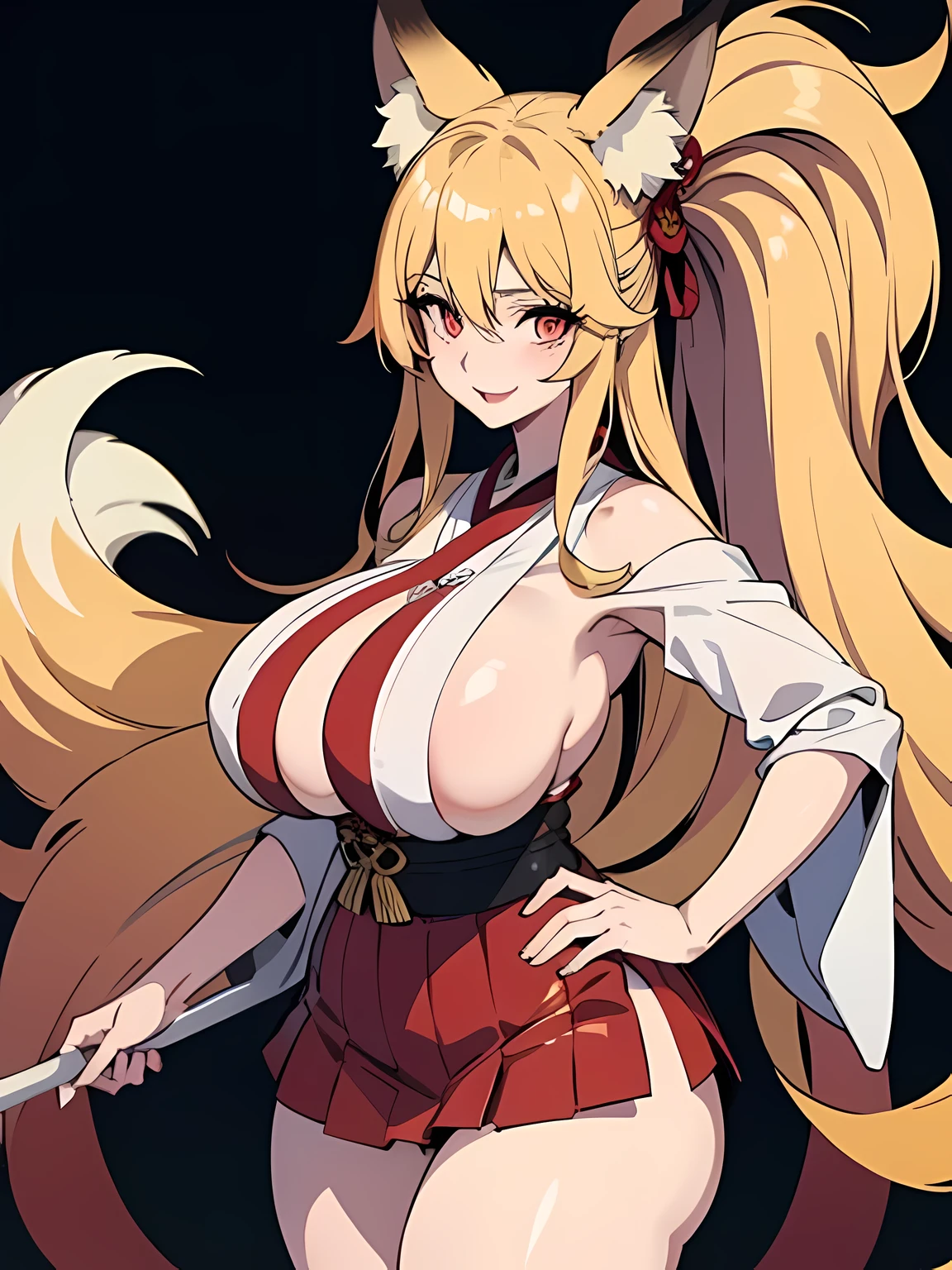 1 girl, long golden hair, fox ears, only fox ears, crimson eyes, detailed deep eyes, very detailed face, blushing, huge breasts, sexy and seductive, wearing red and white erotic kimono, skirt, tall, long nine fox tails, thicc thighs, wide hips, smile, horny, absurdes, high res, ultra sharp, 8k, masterpiece, looking at viewer