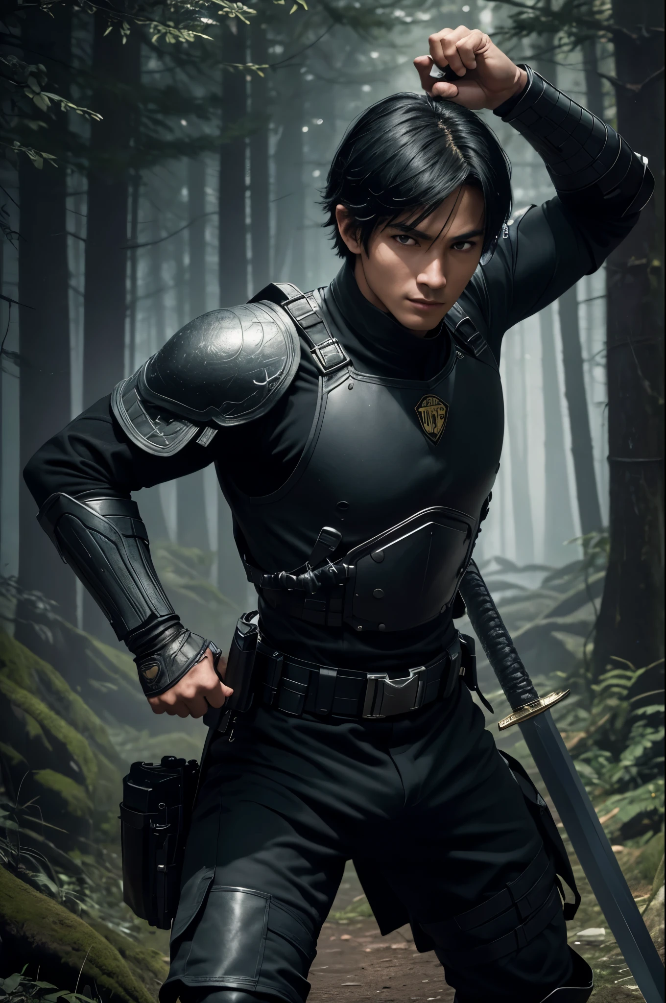 8K,young boy in black combat uniform,super handsome(like the real thing),black combat pants,black eyes,black bob hair,black combat gauntlets,special forces,Holds a long and large Japanese sword,masterpiece,Photorealistic RAW photos of the highest quality。Backlight, cinematic lighting, film grain, to be born, 50mm lens, Nikon D850,super realistic skin,fantasy art,character art,ultra high resolution,Has a muscular slender body,perfect hands,cool smile,Super beautiful ager,kind eyes,in the dark forest,battle scene,fighting pose,dynamic action pose,Throwing a medium-sized large Japanese sword,take a stand,Active,dynamic pose,