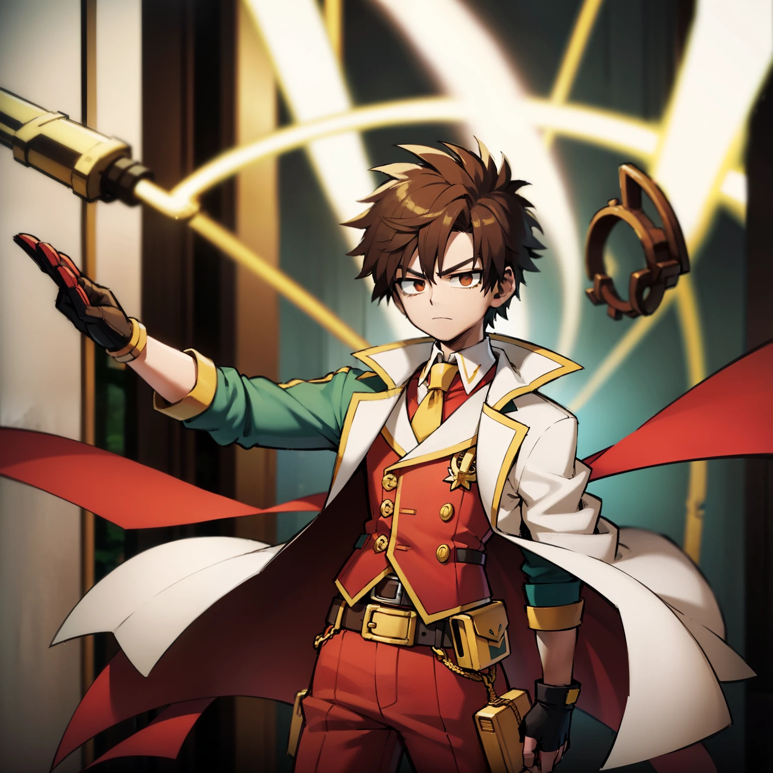 boy"kaito",animated,Brown hair,Two buns,Golden accessories,Large, expressive eyes,Red and yellow hues, Hunter-style outfit,Green jacket,Orange patch,Gloves,Brown belt with pouches,Yellow ribbon,Focused or determined expression,Brown belt with pouches,no background