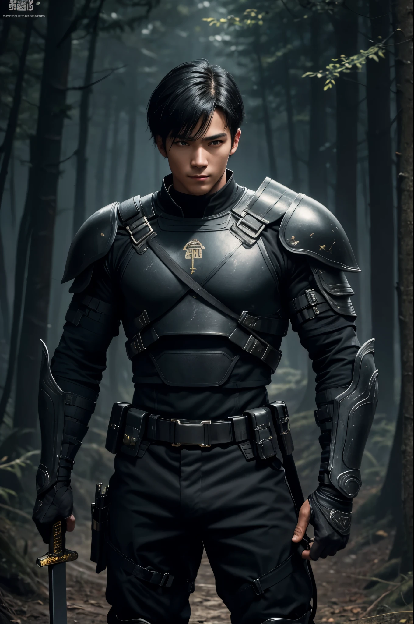 8K,young boy in black combat uniform,super handsome(like the real thing),black combat pants,black eyes,black bob hair,black combat gauntlets,special forces,Holds a long and large Japanese sword,masterpiece,Photorealistic RAW photos of the highest quality。Backlight, cinematic lighting, film grain, to be born, 50mm lens, Nikon D850,super realistic skin,fantasy art,character art,ultra high resolution,Has a muscular slender body,perfect hands,cool smile,Super beautiful ager,kind eyes,in the dark forest,battle scene,fighting pose,dynamic action pose,Throwing a medium-sized large Japanese sword,take a stand,Active,dynamic pose,