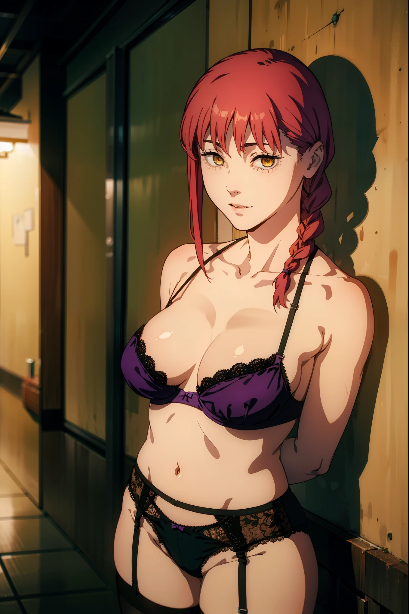 1girl, underwear, garter belt, solo, bra, panties, purple panties, purple bra, navel, garter straps, breasts, realistic, short hair, lingerie, thighhighs, underwear only, lips, looking at viewer, red hair, collarbone,braid, arms behind back, yellow eyes, standing, cowboy shot, jewelry, Posing in an alcove, from Above 