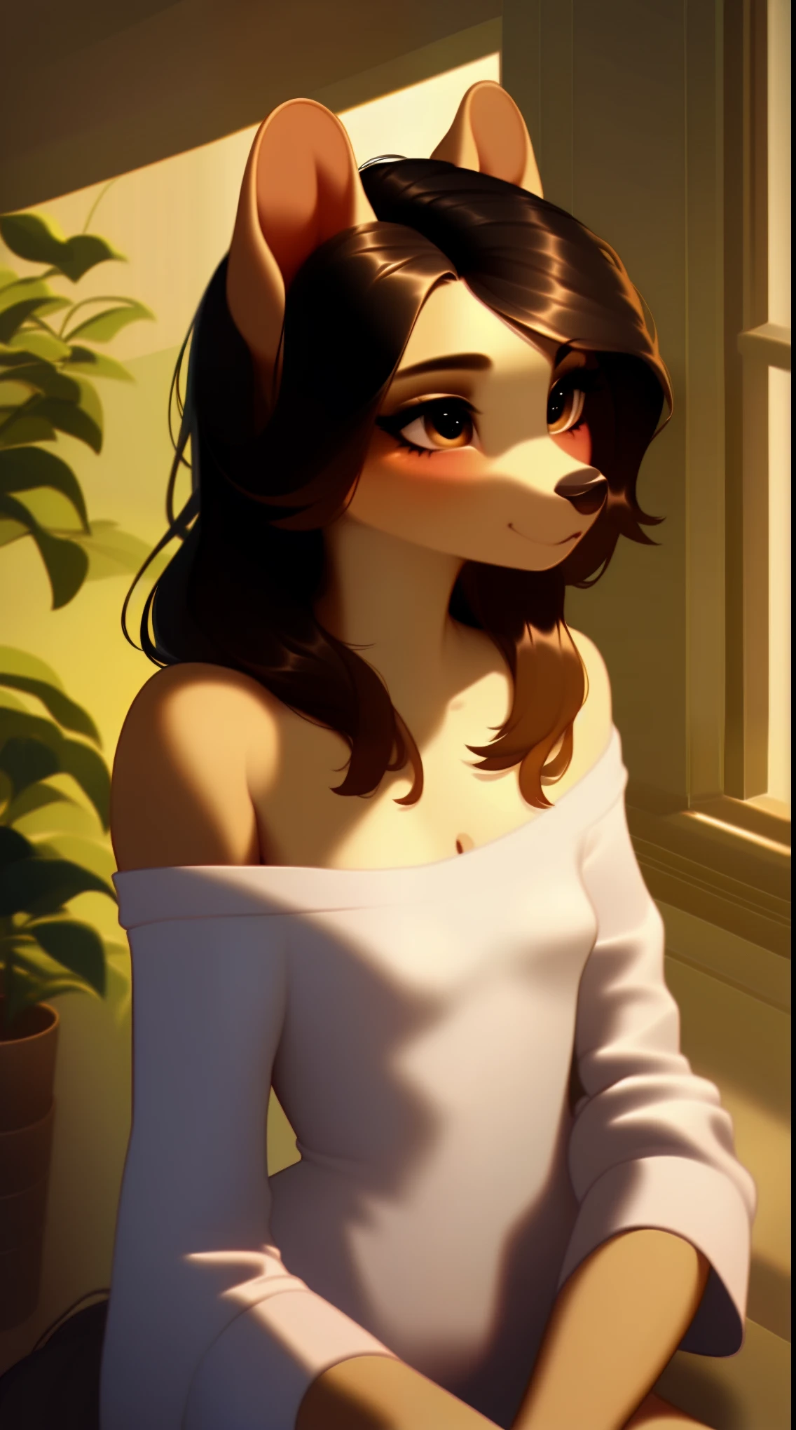 (score_9), (source_ derpibooru_p_95), ((an attractive anthro canine :1.1)), (cute tight off shoulder dress), blushing, solo, anatomically correct, small breasts, high res, extremely detailed, adorable, 1girl, absurd resolution, realistic hair, wide hips, curvy figure , fat, small cleavage, inside, bedroom , waiting for you, looking shy, fat dumpy, horny, swept bangs, dark hair, hair half updo,