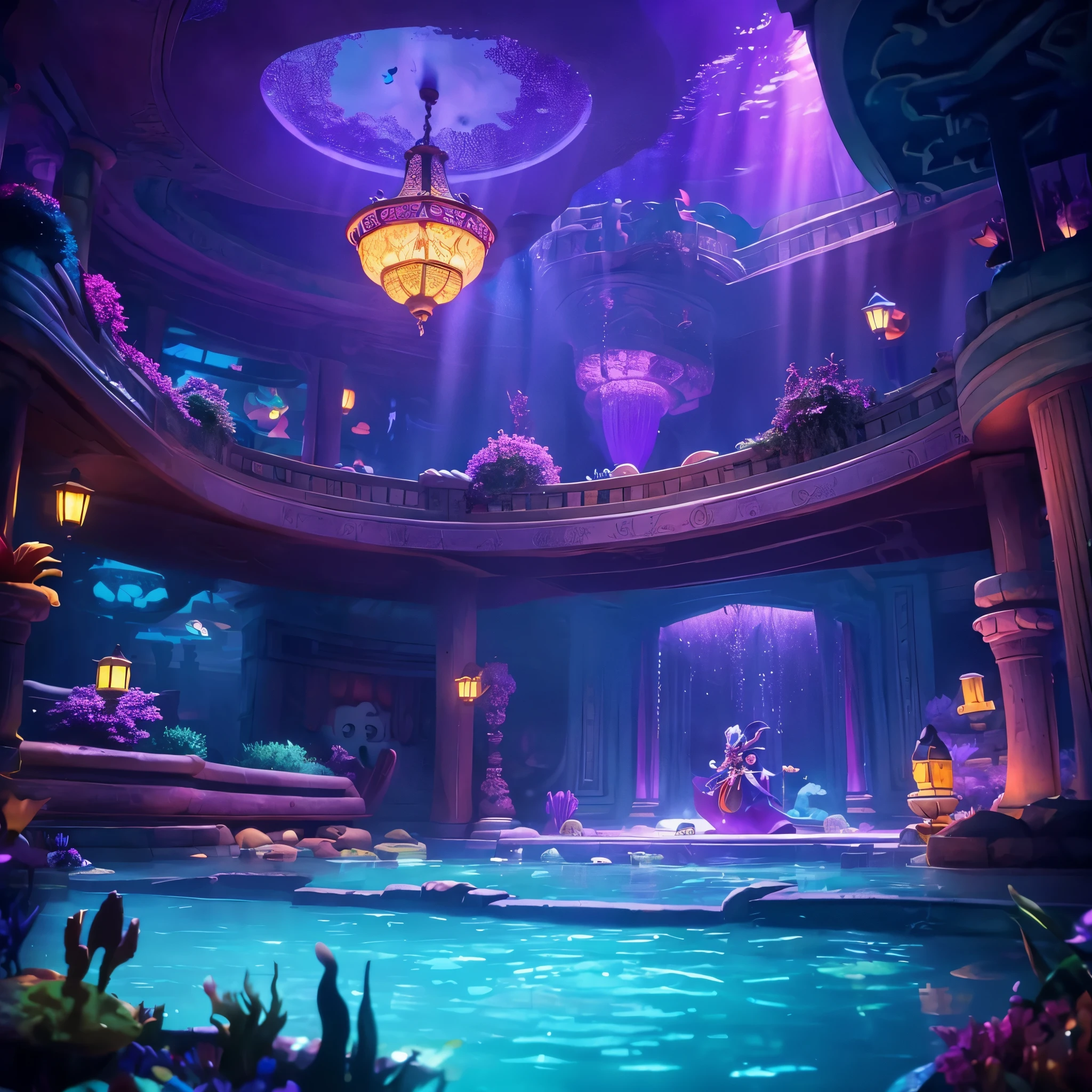 underwater temple。Purple。disney animation。Villains。dim。light shining in。Indoor view。