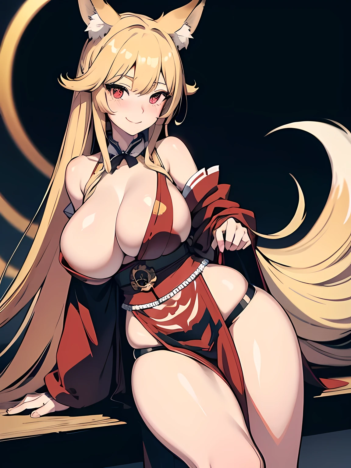 1 girl, long golden hair, fox ears, only fox ears, crimson eyes, detailed deep eyes, very detailed face, blushing, huge breasts, sexy and seductive, wearing red and white erotic kimono, skirt, tall, long nine fox tails, thicc thighs, wide hips, smile, horny, absurdes, high res, ultra sharp, 8k, masterpiece, looking at viewer