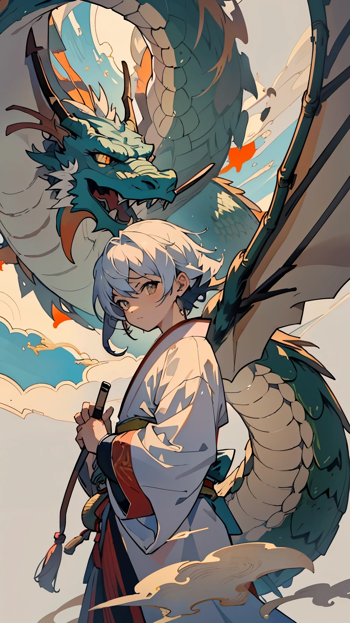 Create images in the style of traditional Japanese painting. The scene depicts a dramatic dragon, a complete dragon flying in the sky. The dragon is bruised and wears a mecha mechanical dragon that glitters in the sun. The clouds are layered, and the clouds and wind surround the dragon. The dragon's expression is fierce and calm, conveying strength and wisdom. The image should have high resolution and high quality, the dragon is clearly focused, and the clouds and background are blurred dreamy. The angle of the camera should be slightly lower than the faucet, giving a sense of its grandeur and size, and the light should be soft and diffuse, creating a mysterious and dreamy atmosphere.