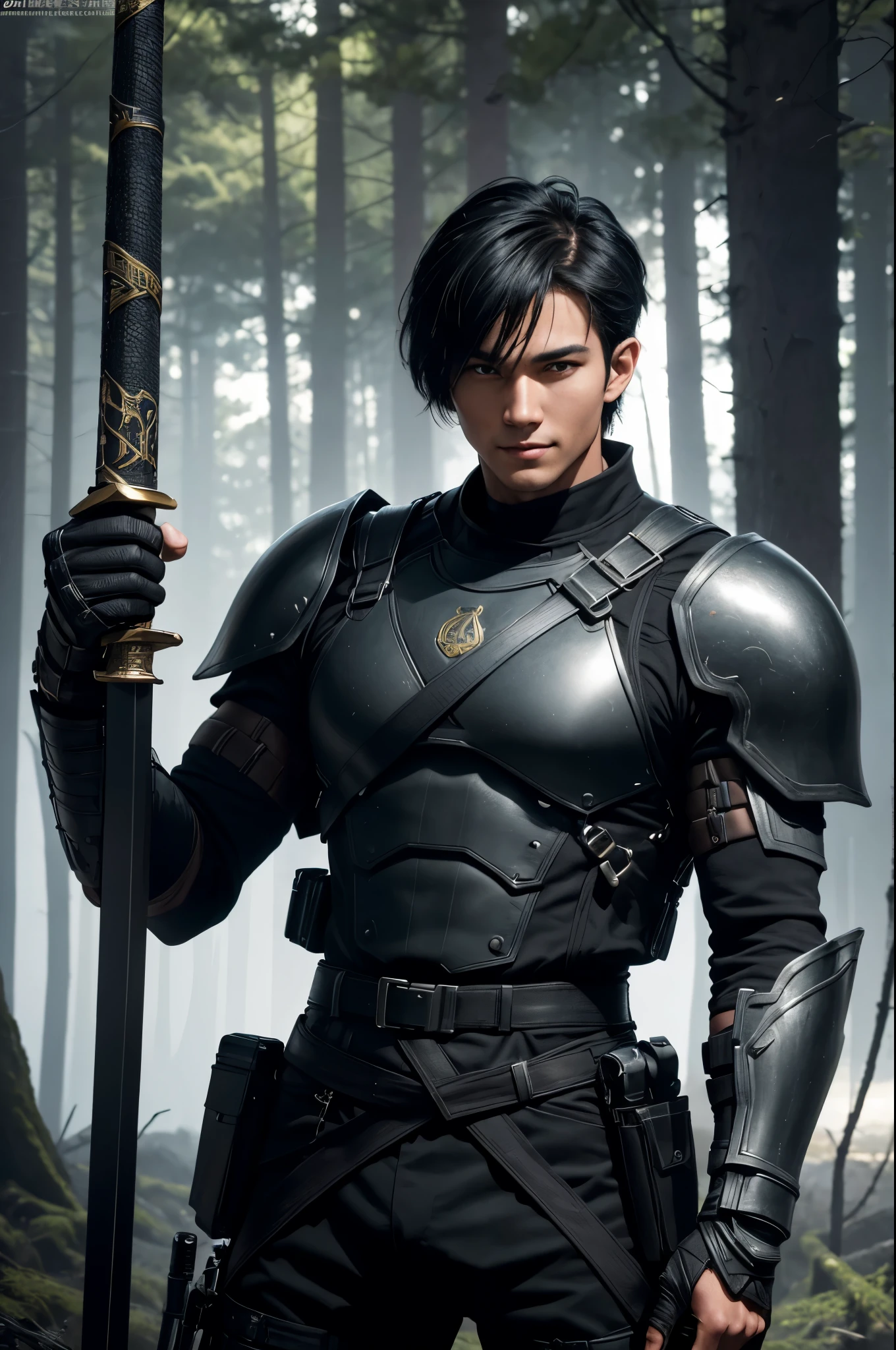 8K,Tall young boy in black combat uniform,super handsome(like the real thing),black combat pants,black eyes,black bob hair,black combat gauntlets,special forces,Holds a long and large Japanese sword,masterpiece,Photorealistic RAW photos of the highest quality。Backlight, cinematic lighting, film grain, to be born, 50mm lens, Nikon D850,super realistic skin,fantasy art,character art,ultra high resolution,Has a muscular slender body,perfect hands,cool smile,Super beautiful teenager,kind eyes,in the dark forest,battle scene,fighting pose,dynamic action pose,Throwing a medium-sized large Japanese sword,take a stand,Active,dynamic pose,same face,