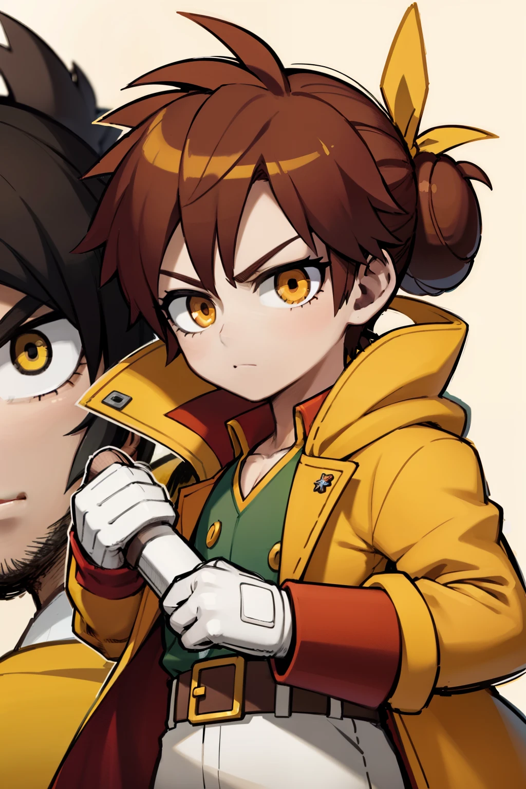 ,boy"kaito",animated,Brown hair,Two buns,Golden accessories,Large, expressive eyes,Red and yellow hues, Hunter-style outfit,Green jacket,Orange patch,Gloves,Holding something white,Brown belt with pouches,Yellow ribbon,Focused or determined expression,