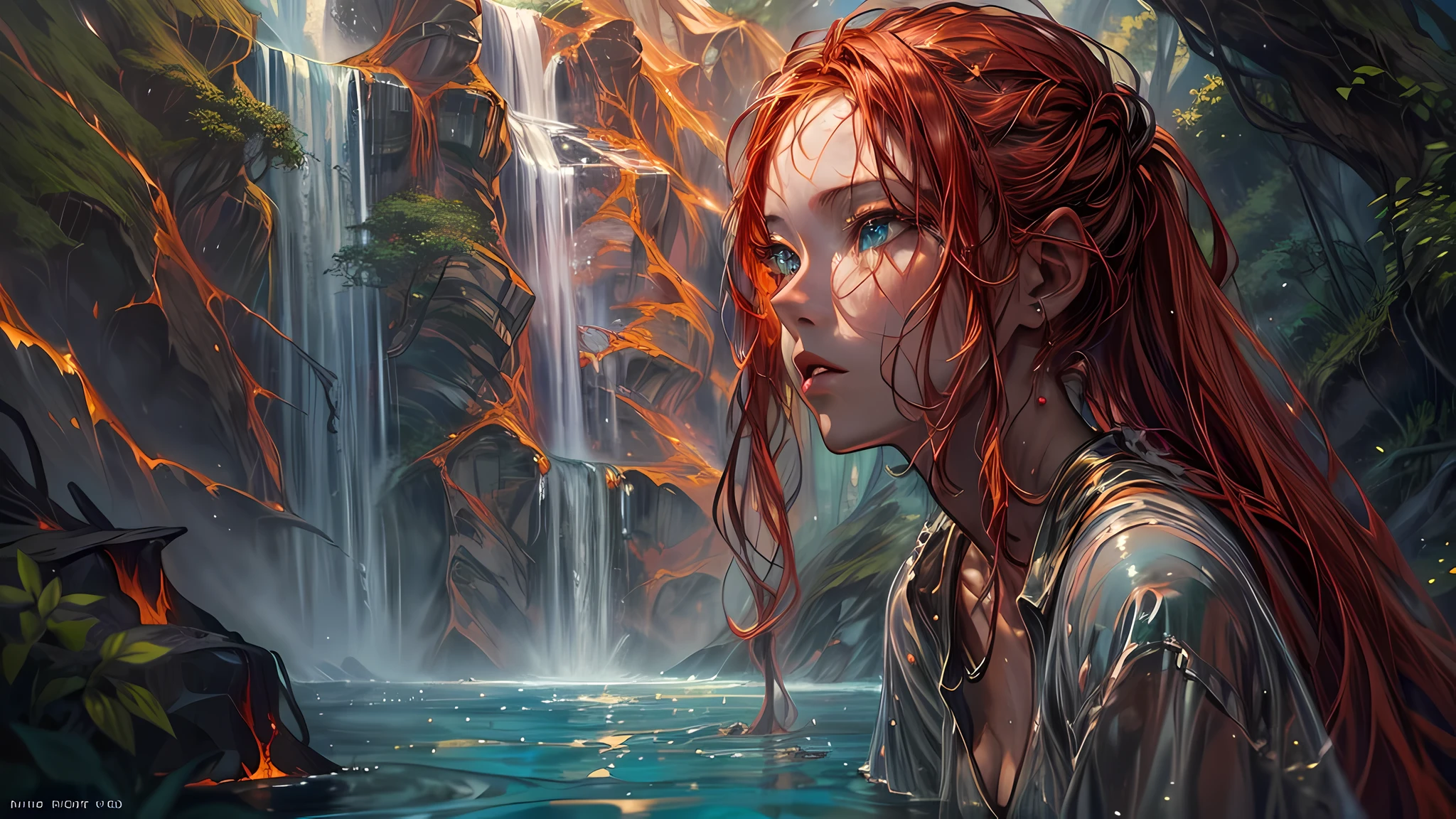 fantasy art, photorealistic, D&D art, a picture of a female monk sitting and meditating near a waterfall, at the base of the waterfall,  there is a human woman monk wearing monk garbs, meditating near a bonfire near an (epic sized waterfall: 1.3), red hair, long hair, full body (best details, Masterpiece, best quality :1.5), ultra detailed face (best details, Masterpiece, best quality :1.5), ultra feminine (best details, Masterpiece, best quality :1.5), exquisite beautiful (best details, Masterpiece, best quality :1.5) red hair, long hair, wavy hair, pale skin, blue eyes, intense eyes, water coming down from a volcanic cliff, multi level water falls, several pools created in different levels, forming new waterfalls, water cascading into a (large lava pool: 1.3) steam rising, clear water in many hues of blue and azure falling, ultra best realistic, best details, best quality, 16k, [ultra detailed], masterpiece, best quality, (extremely detailed), ultra wide shot, photorealism, depth of field, hyper realistic painting, magv1ll