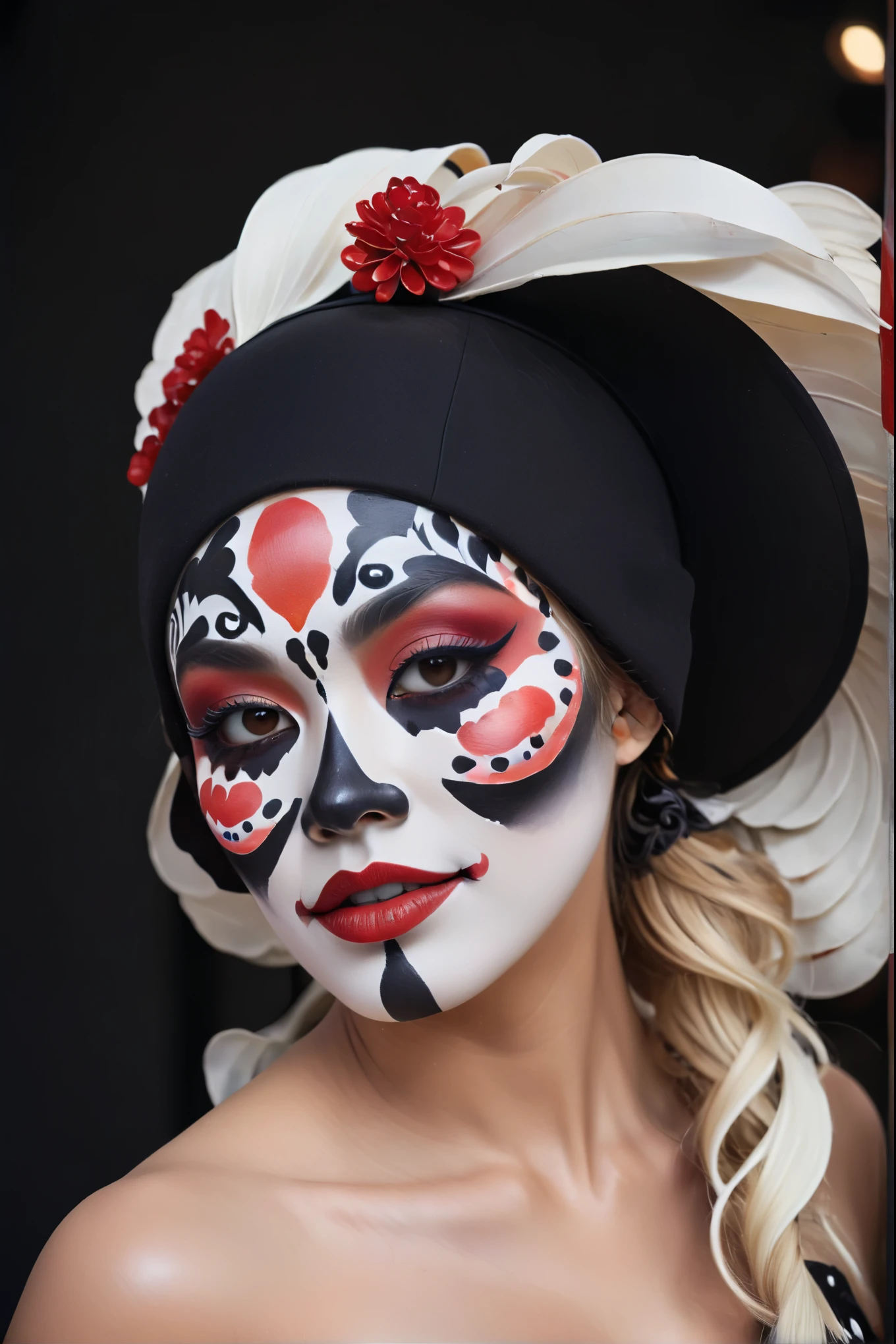 arafed woman with face paint and a black hat, painted face, inspired by Taro Yamamoto, creative makeup, facepaint facepaint facepaint, intricate clown makeup, stylized make-up on face, inspired by Taro Okamoto, symmetrical painted face, detailed face with red lips, kabuki makeup, facepaint, face paint