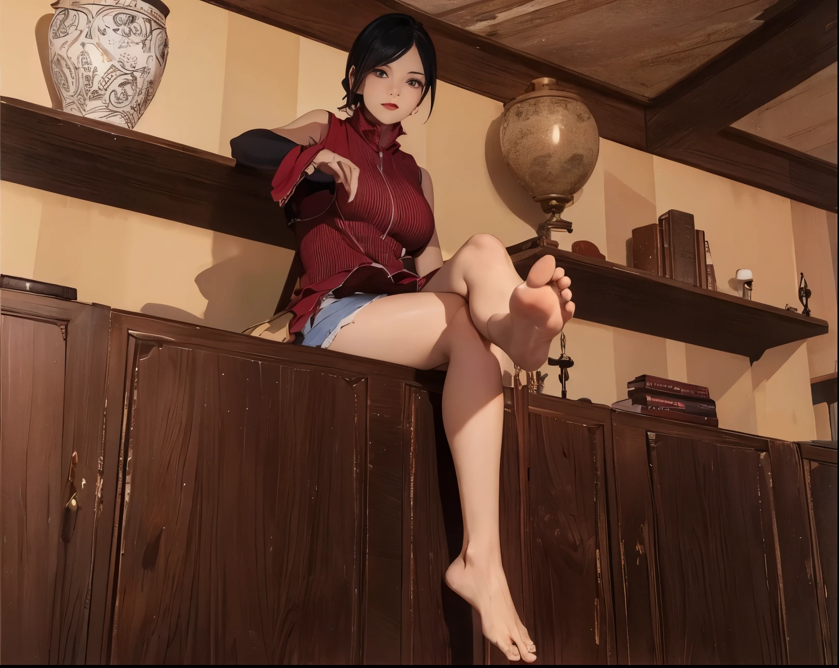 Girl, smile, red lips, big nose, big tits, big , shorts hair, black hair colors, fair skin, blue dres colors, blue high heel colors, beautiful girl, sexy girl, sexy pose, foot pose, feet pose, foot focus, sexy girl foot pose, sexy girl foot pose, realistic girl pose, in room, gaze looking at the camera, (best quality, highres:1.2), 1girl, 1 boys, girl and boys pose, beautiful detailed eyes, beautiful detailed lips, extremely detailed eyes and face, long eyelashes, medium:oil painting, vivid colors, HDR, studio lighting, ultra-fine painting, sharp focus, physically-based rendering, extreme detail description, portraits, curvy body, big breasts, perfect shape, showing armpit, facing viewer, sweaty, gorgeous, arms up, half body picture, appearing in full frame, sleeveless turtleneck, glasses, red glasse colors,