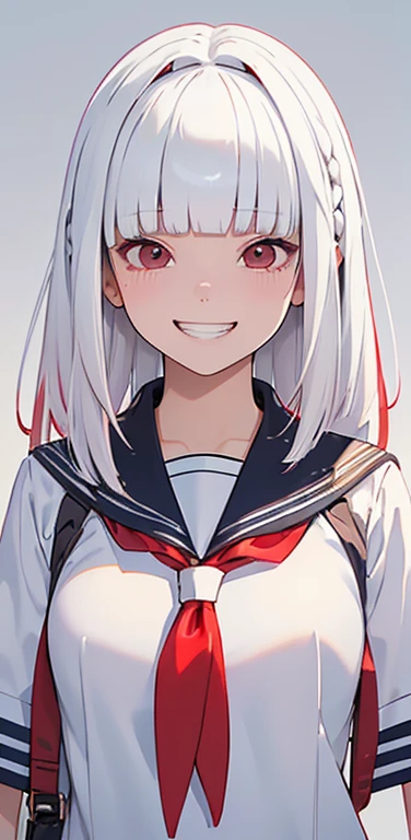 (8K、highest quality、masterpiece:1.2)、Super detailed、super resolution、Realistic、1girl、(white gradient hair：1.5)、((blunt bangs:1.5)),RED eyes、(face focus:1.3,upper body),(gradient hair:1.5),(sailor uniform:1.3)、(grin:1.3),cute face,small breasts,school girl,
