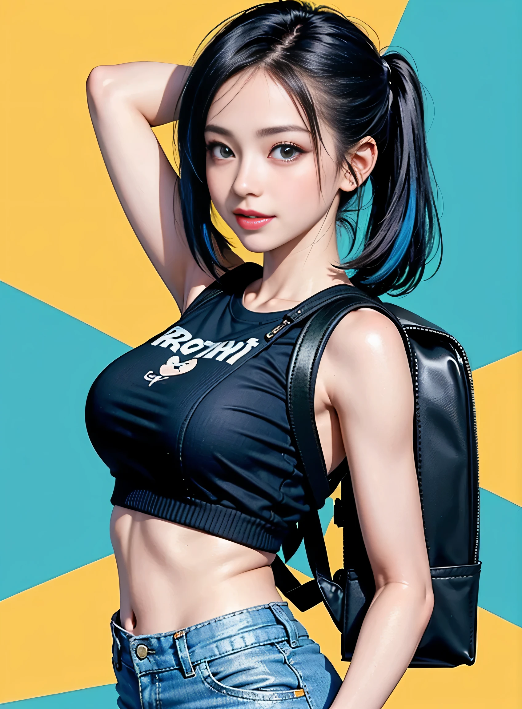 sfw, ((wearing cute little backpack on the back)), The simple illustration portrays an anime-style girl with a T-shirt that suits her well. She exudes a youthful and playful vibe, with big, expressive eyes, a charming smile, and vibrant-colored hair. Her T-shirt has a stylish design that reflects her fun and quirky personality. The background complements her cheerful demeanor, featuring a bright and sunny day with a clear blue sky and fluffy white clouds. Surrounding her are blooming flowers and lush greenery, creating a lively and vibrant atmosphere. This artwork captures the essence of a fashionable and spirited girl, perfectly complemented by the cheerful and vibrant background, wearing bra,((skinny waist)), young asian girl, ((big breasted)),