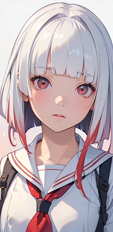 (8K、highest quality、masterpiece:1.2)、Super detailed、super resolution、Realistic、1girl、(white gradient hair：1.5)、((blunt bangs:1.5)),RED eyes、(face focus:1.3,upper body),(gradient hair:1.5),(sailor uniform:1.3)、(clear face:1.3),cute face,small breasts,school girl,
