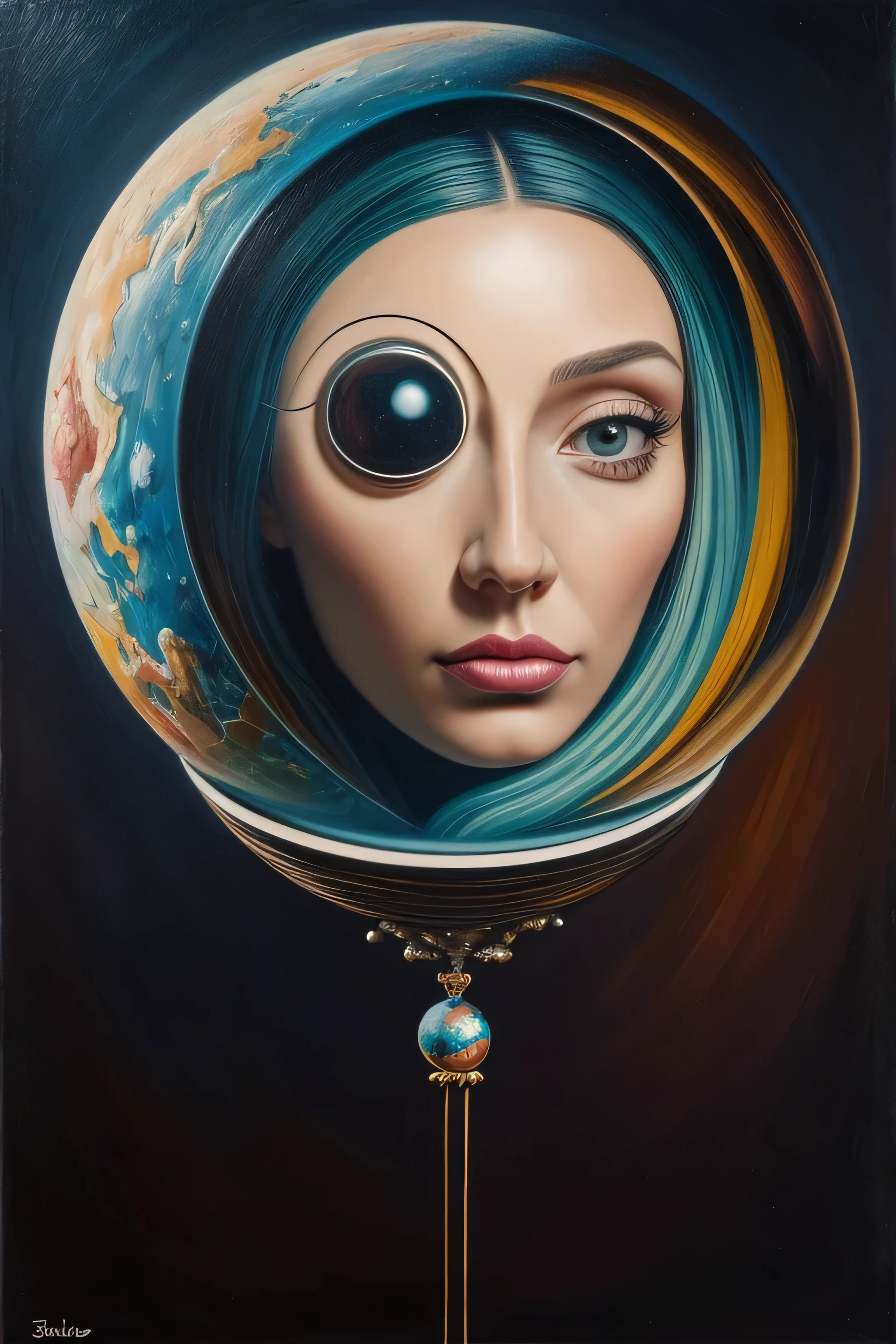 painting of a woman with a strange face and a strange sphere, surrealist painting, abstract surrealism masterpiece, surrealism portrait, surrealist artwork, adrian borda, surrealist art, surrealistic painting, surrealist oil painting, masterpiece surrealism, surrealism oil on canvas, a surrealist painting, surrealism painting, surrealist art style, surrealism art, emotional surrealist art