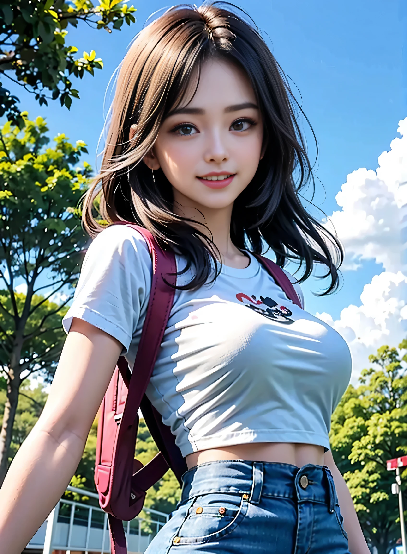 sfw, ((wearing cute little backpack on the back)), The simple illustration portrays an anime-style girl with a T-shirt that suits her well. She exudes a youthful and playful vibe, with big, expressive eyes, a charming smile, and vibrant-colored hair. Her T-shirt has a stylish design that reflects her fun and quirky personality. The background complements her cheerful demeanor, featuring a bright and sunny day with a clear blue sky and fluffy white clouds. Surrounding her are blooming flowers and lush greenery, creating a lively and vibrant atmosphere. This artwork captures the essence of a fashionable and spirited girl, perfectly complemented by the cheerful and vibrant background, wearing bra,((skinny waist)), young asian girl, ((big breasted)),