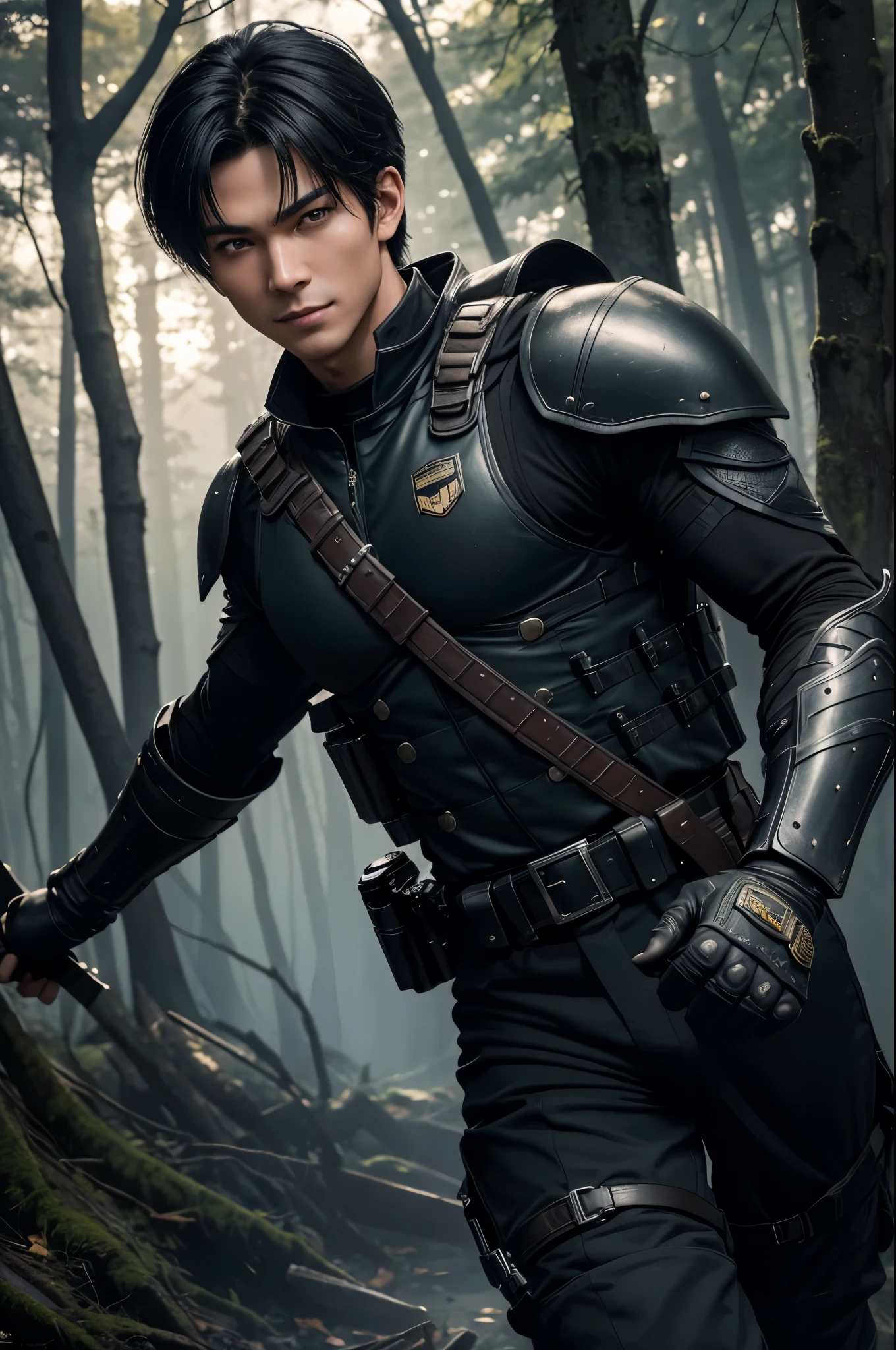 8K,Tall young boy in black combat uniform,super handsome(like the real thing),black combat pants,black eyes,black bob hair,black combat gauntlets,special forces,Holds a long and large Japanese sword,masterpiece,Photorealistic RAW photos of the highest quality。Backlight, cinematic lighting, film grain, to be born, 50mm lens, Nikon D850,super realistic skin,fantasy art,character art,ultra high resolution,Has a muscular slender body,perfect hands,cool smile,Super beautiful teenager,kind eyes,in the dark forest,battle scene,fighting pose,Dynamic Actions,Throw a long and large Japanese sword,take a stand,Active,dynamic pose,same face,