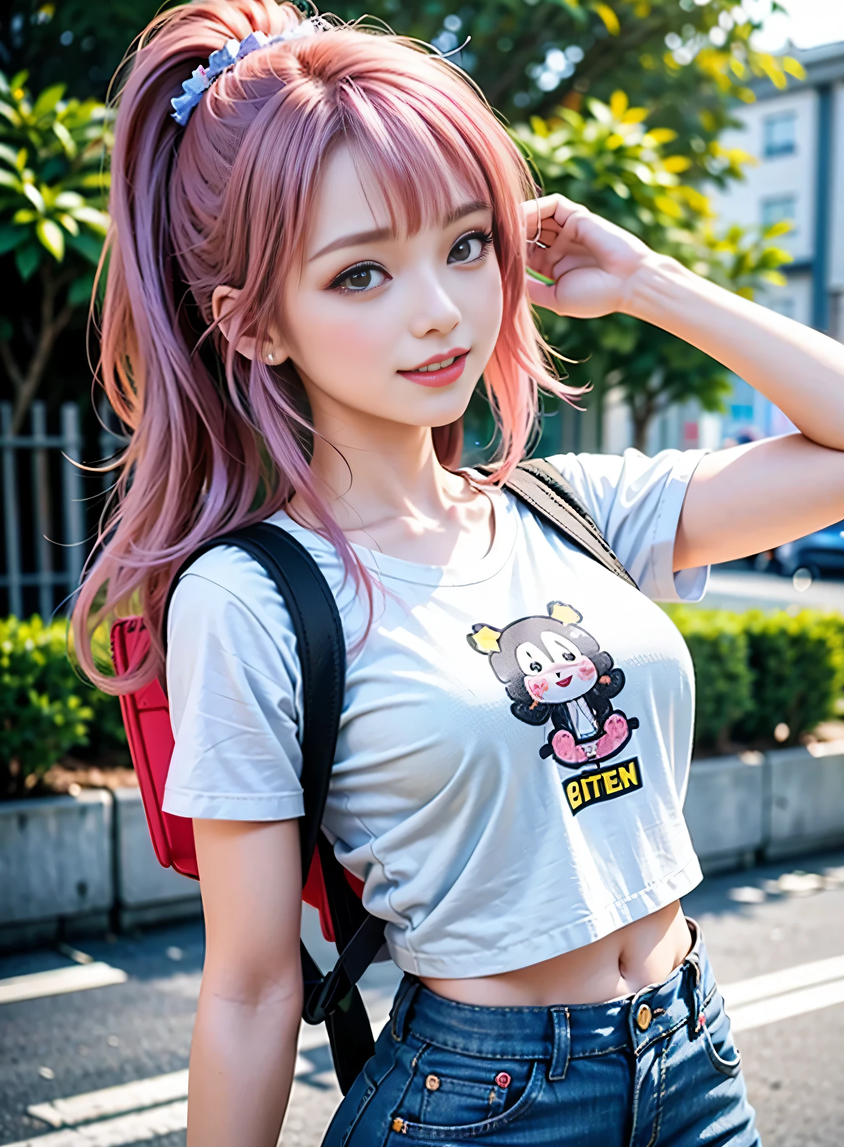 sfw, ((wearing cute little backpack on the back)), The simple illustration portrays an anime-style girl with a T-shirt that suits her well. She exudes a youthful and playful vibe, with big, expressive eyes, a charming smile, and vibrant-colored hair. Her T-shirt has a stylish design that reflects her fun and quirky personality. The background complements her cheerful demeanor, featuring a bright and sunny day with a clear blue sky and fluffy white clouds. Surrounding her are blooming flowers and lush greenery, creating a lively and vibrant atmosphere. This artwork captures the essence of a fashionable and spirited girl, perfectly complemented by the cheerful and vibrant background, wearing bra,((skinny waist)), young asian girl, ((big breasted)),