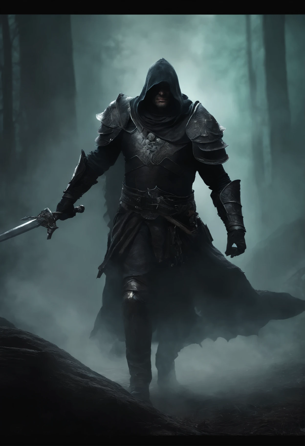 (best quality,4k,8k,highres,masterpiece),ultra-detailed,(realistic,photorealistic,photo-realistic),dark fantasy, horror, moody lighting, gloomy atmosphere, dark blue tones, steel gray tones, sinister, creepy, bone-chilling, ancient warriors, mythical creature, menacing presence, mysterious fog,ominous shadows,dilapidated surroundings,gothic architecture,hauntingly beautiful,graveyard,toxic green,sharp sword,ragged cloak,dried blood stains,dusty ,dentaiented armor,vivid eyes,pointed teeth,malicious grin,decaying bones,leathery skin,frayed edges,cracked armor,weathered texture,poised to strike,energy surrounding the sword,swift movement,action,adrenaline-rushing,running towards the viewer,ominous aura,otherworldly power,commanding presence,glowing runes,neon glow,compelling composition,impressive depth and perspective