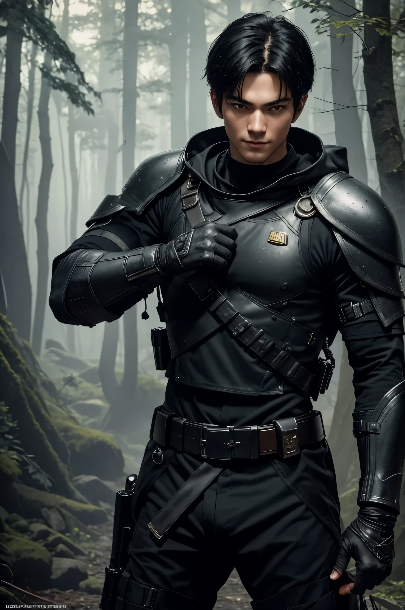 8K,Tall young boy in black combat uniform,super handsome(like the real thing),black combat pants,black eyes,black bob hair,black combat gauntlets,special forces,Holds a long and large Japanese sword,masterpiece,Photorealistic RAW photos of the highest quality。Backlight, cinematic lighting, film grain, to be born, 50mm lens, Nikon D850,super realistic skin,fantasy art,character art,ultra high resolution,Has a muscular slender body,perfect hands,cool smile,Super beautiful teenager,kind eyes,in the dark forest,battle scene,fighting pose,Dynamic Actions,Throw a long and large Japanese sword,take a stand,Active,dynamic pose,same face,
