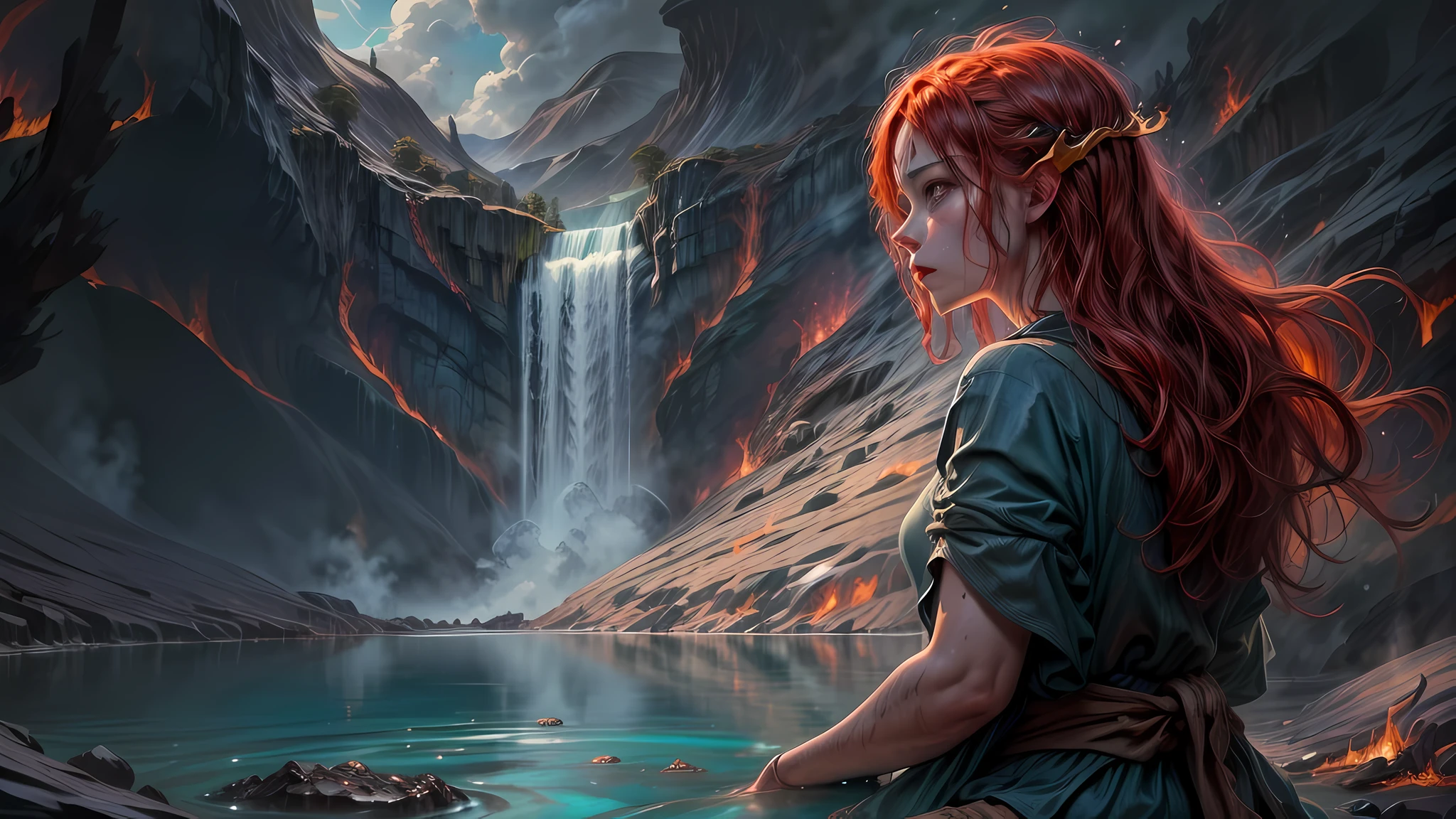 fantasy art, photorealistic, D&D art, a picture of a female monk sitting and meditating near a waterfall, at the base of the waterfall,  there is a human woman monk wearing monk garbs, meditating near a bonfire near an (epic sized waterfall: 1.3), red hair, long hair, full body (best details, Masterpiece, best quality :1.5), ultra detailed face (best details, Masterpiece, best quality :1.5), ultra feminine (best details, Masterpiece, best quality :1.5), exquisite beautiful (best details, Masterpiece, best quality :1.5) red hair, long hair, wavy hair, pale skin, blue eyes, intense eyes, water coming down from a volcanic cliff, multi level water falls, several pools created in different levels, forming new waterfalls, water cascading into a (large lava pool: 1.3) steam rising, clear water in many hues of blue and azure falling, ultra best realistic, best details, best quality, 16k, [ultra detailed], masterpiece, best quality, (extremely detailed), ultra wide shot, photorealism, depth of field, hyper realistic painting, magv1ll