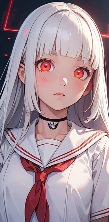(8K、highest quality、masterpiece:1.2)、Super detailed、super resolution、Realistic、1girl、(white)、(blunt bangs:1.5),RED eyes、(face focus:1.3,upper body),(glowing eyes:1.5),(sailor uniform:1.3)、(clear face:1.3),cute face,blush、small breasts,school girl,
