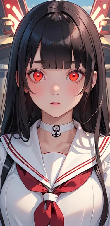 (8K、highest quality、masterpiece:1.2)、Super detailed、super resolution、Realistic、1girl、(white)、(blunt bangs:1.5),RED eyes、(face focus:1.3,upper body),(glowing eyes:1.5),(sailor uniform:1.3)、(clear face:1.3),cute face,blush、small breasts,school girl,
