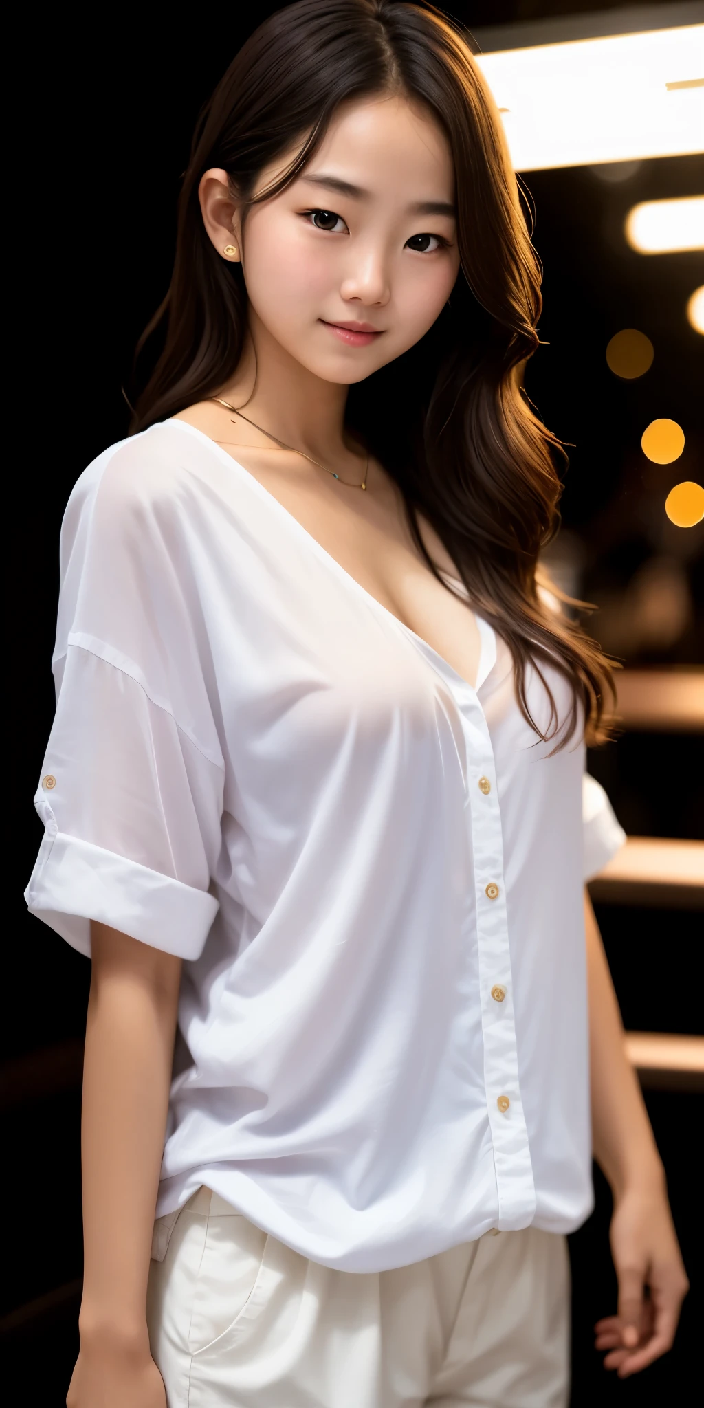 (masterpiece, photorealistic, raw, :1. 4), (extremely intricate:1. 2), close up, cinematic light, sidelighting, ultra high res, best shadow, RAW, 1girl, ((Korean)), (instagram), 18 years old, cute, covered, ((modest)), (white shirt), ((small breasts)), smiling, standing, ((full body)), innocent, ((night club)), ((party)), (lights)