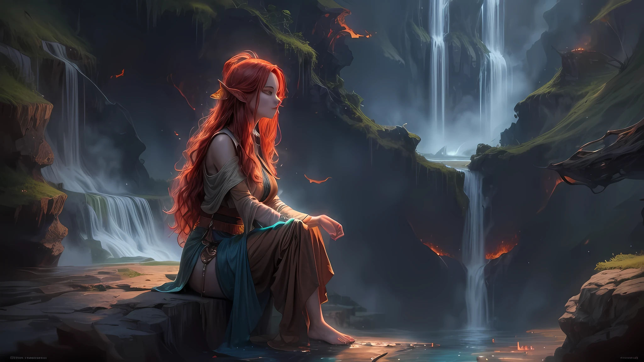 fantasy art, photorealistic, D&D art, a picture of a female monk sitting and meditating near a waterfall, at the base of the waterfall,  there is a human woman monk wearing monk garbs, meditating near a bonfire near an (epic sized waterfall: 1.3), red hair, long hair, full body (best details, Masterpiece, best quality :1.5), ultra detailed face (best details, Masterpiece, best quality :1.5), ultra feminine (best details, Masterpiece, best quality :1.5), exquisite beautiful (best details, Masterpiece, best quality :1.5) red hair, long hair, wavy hair, pale skin, blue eyes, intense eyes, water coming down from a volcanic cliff, multi level water falls, several pools created in different levels, forming new waterfalls, water cascading into a (large lava pool: 1.3) steam rising, clear water in many hues of blue and azure falling, ultra best realistic, best details, best quality, 16k, [ultra detailed], masterpiece, best quality, (extremely detailed), ultra wide shot, photorealism, depth of field, hyper realistic painting, magv1ll