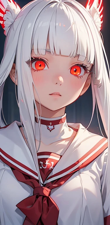 (8K、highest quality、masterpiece:1.2)、Super detailed、super resolution、Realistic、1girl、(white)、(blunt bangs:1.5),RED eyes、(face focus:1.3,upper body),(glowing eyes:1.5),(sailor uniform:1.3)、(clear face:1.3),cute face,blush、small breasts,school girl,
