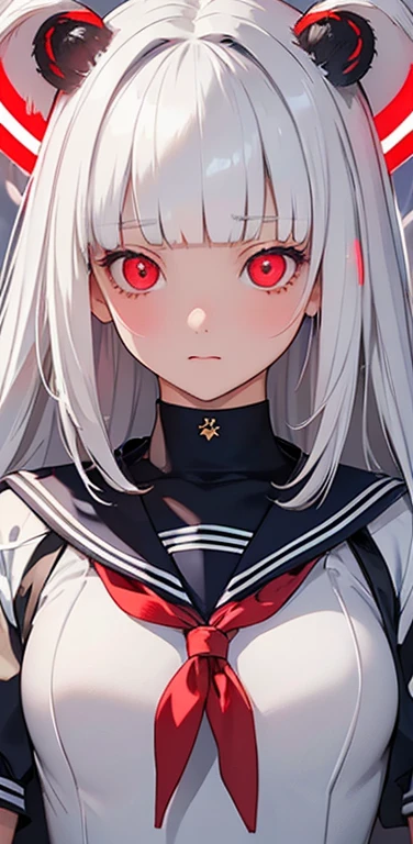 (8K、highest quality、masterpiece:1.2)、Super detailed、super resolution、Realistic、1girl、(white)、(blunt bangs:1.5),RED eyes、(face focus:1.3,upper body),(glowing eyes:1.5),(sailor uniform:1.3)、(clear face:1.3),cute face,blush、small breasts,school girl,
