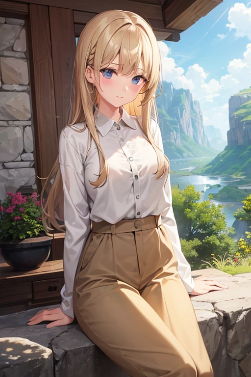 Visualize a girl dressed in a khaki blouse and beige trousers, her light brown hair gently tousled by the mountain breeze, positioned against an 8K lifelike background of rugged peaks and valleys, with hints of sunlight filtering through the clouds, creating a serene and ethereal atmosphere, Sculpture, clay sculpture with intricate detailing and subtle shading, --ar 16:9 --v 5