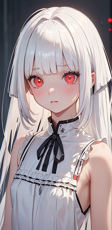 (8K、highest quality、masterpiece:1.2)、Super detailed、super resolution、Realistic、1girl、(white hair)、(blunt bangs:1.5),RED eyes、(face focus:1.3,upper body),(glowing eyes:1.3),(sundress:1.3)、(clear face:1.3),cute face,blush、small breasts,school girl,
