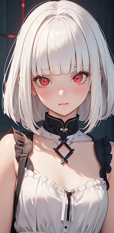 (8K、highest quality、masterpiece:1.2)、Super detailed、super resolution、Realistic、1girl、(white hair)、(blunt bangs:1.5),RED eyes、(face focus:1.3,upper body),(glowing eyes:1.3),(sundress:1.3)、(clear face:1.3),cute face,blush、small breasts,school girl,
