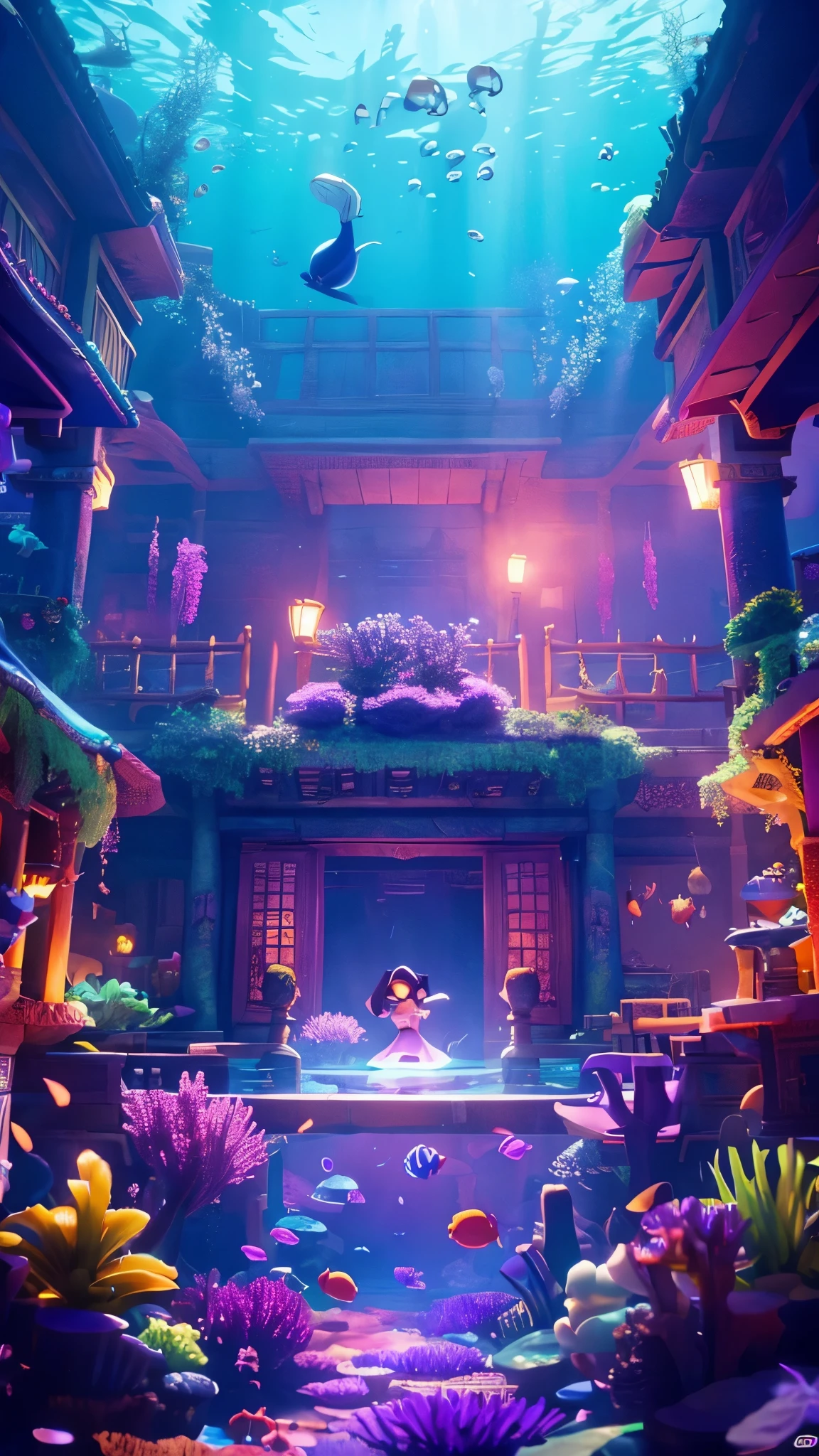 uninhabited underwater temple。purple。disney animation。villain。dim。Sunlight shining。indoor view。Lots of lighting。