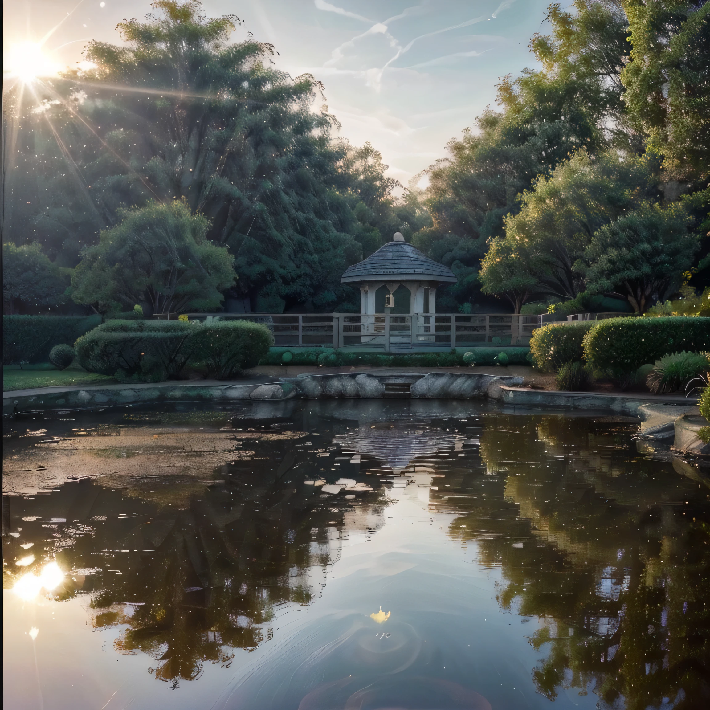 (((background)))(((Immerse in the morning tranquility around Gyan Kup Well. Capture the soft sunlight casting a gentle glow on the well. Showcase the peaceful surroundings and the well's reflective surface as it mirrors the morning sky.)))