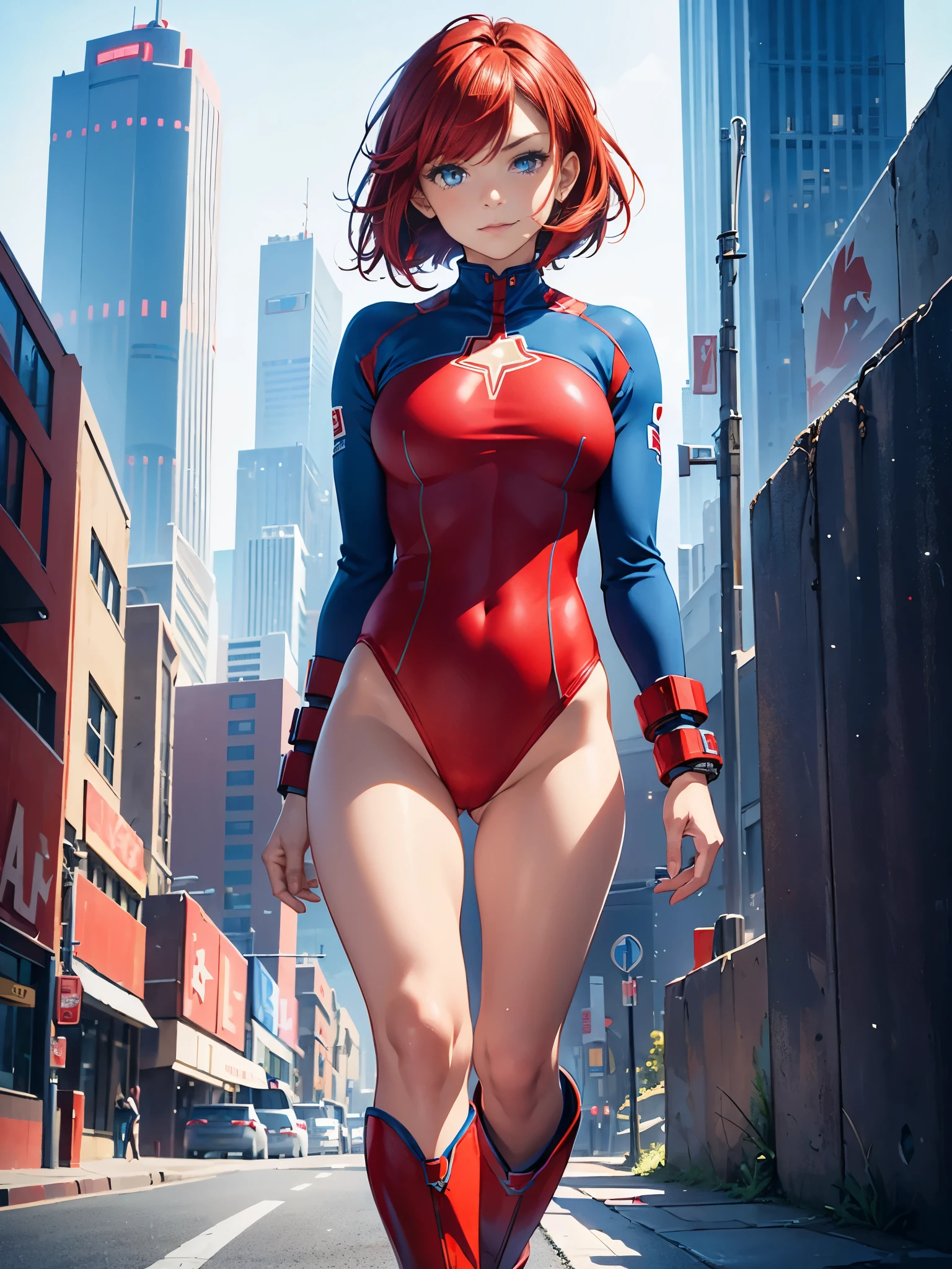 1girl, medium breasts, leotard, red leotard with blue accents, bare legs, boots, matching boots, bracelets, city backdrop, solo, single, standing, full body shot, cowboy shot, beautiful detailed eyes, blue eyes, mature lady, (red hair, bob hair), superhero