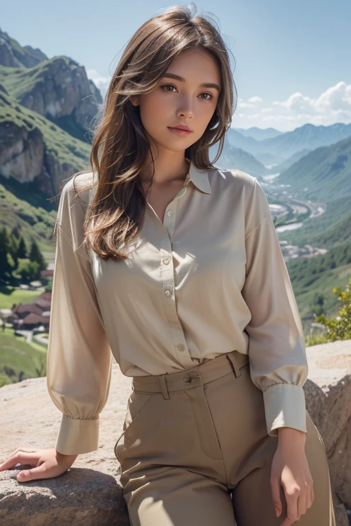 Visualize a girl dressed in a khaki blouse and beige trousers, her light brown hair gently tousled by the mountain breeze, positioned against an 8K lifelike background of rugged peaks and valleys, with hints of sunlight filtering through the clouds, creating a serene and ethereal atmosphere, Sculpture, clay sculpture with intricate detailing and subtle shading, --ar 16:9 --v 5
