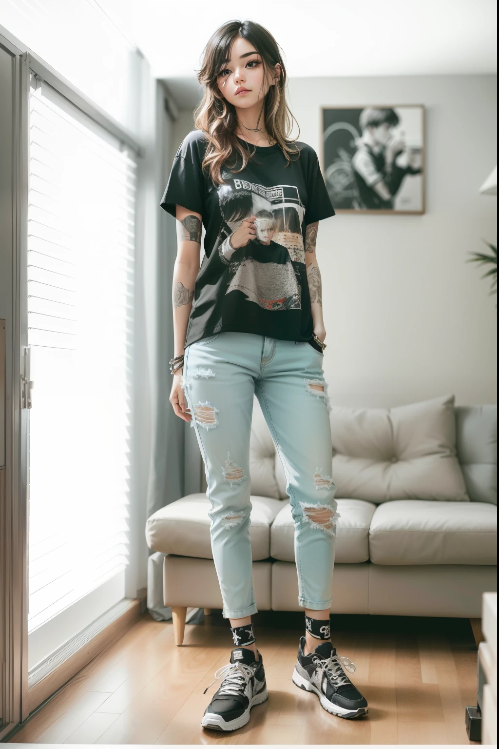 arafed woman standing in a living room with a couch and a coffee cup, wearing pants and a t-shirt, outfit photo, wearing casual clothing, wearing casual clothes, full body picture, jeans and t shirt, standing with a black background, wearing off - white style, wearing a tee shirt and combats, casual outfit, wearing a punk outfit