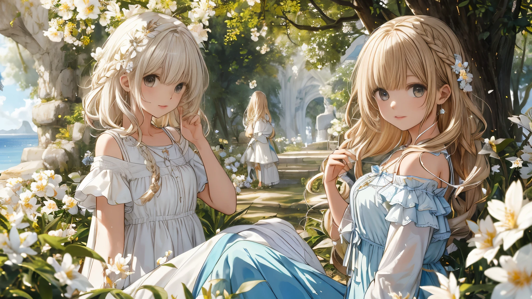 de primera calidad、masterpiece、pelo blanco、Ojo dorado、ropa blanca、admirar a alguien、hebras de cabello、de piel clara、trenza lateral、Fantastic、mystic、(Many fluttering petals)、artistic、pelo largo ondeando al viento、mystic、HIPPHOP、Grande、